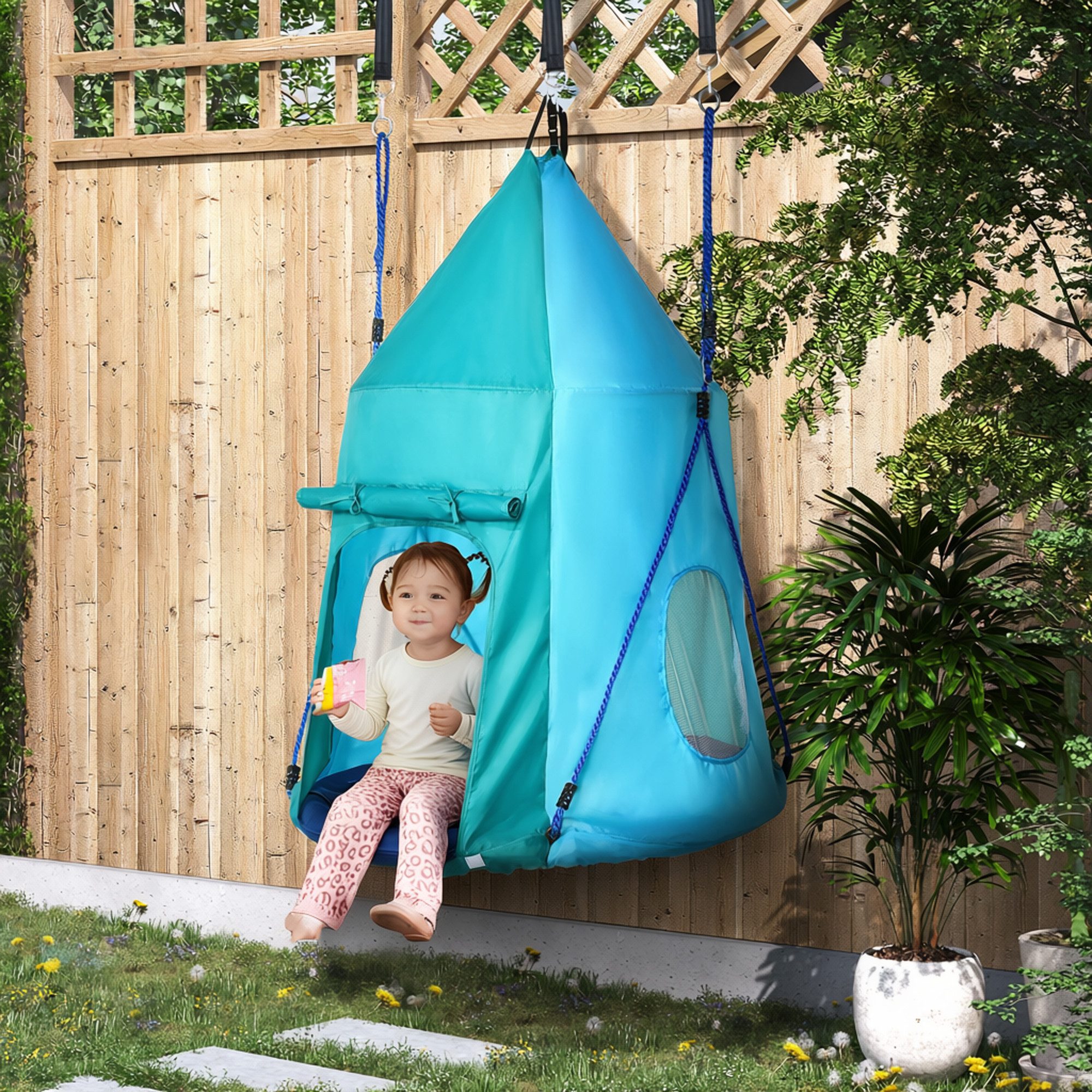 Outsunny Nestschaukel Tellerschaukel mit Zelt, wasserdicht, bis 150 kg belastbar, (Kinderschaukel, 1-tlg., Gartenschaukel), für Garten, Balkon, Blaugrün