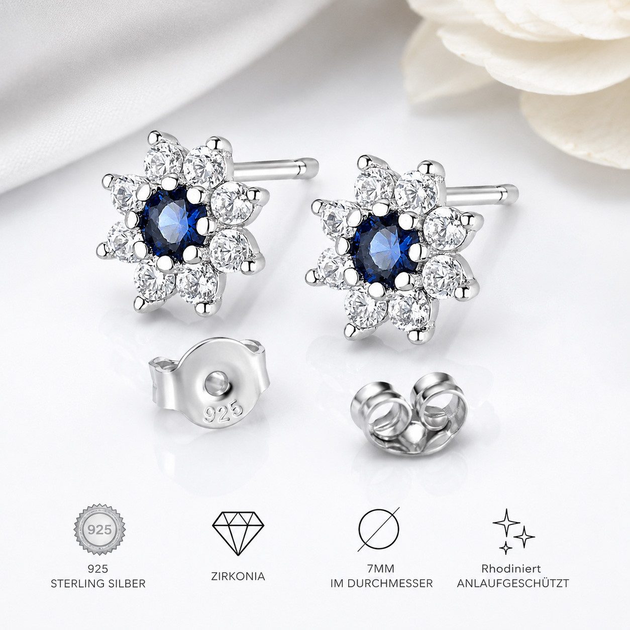 Limana Paar Ohrstecker Blüten Ohrringe Damen 925 Silber Zirkonia Schmuck Geschenk Frau (Echtschmuck inkl. Dose), Geburtstag Jahrestag Hochzeitstag Weihnachten Muttertag Valentinstag