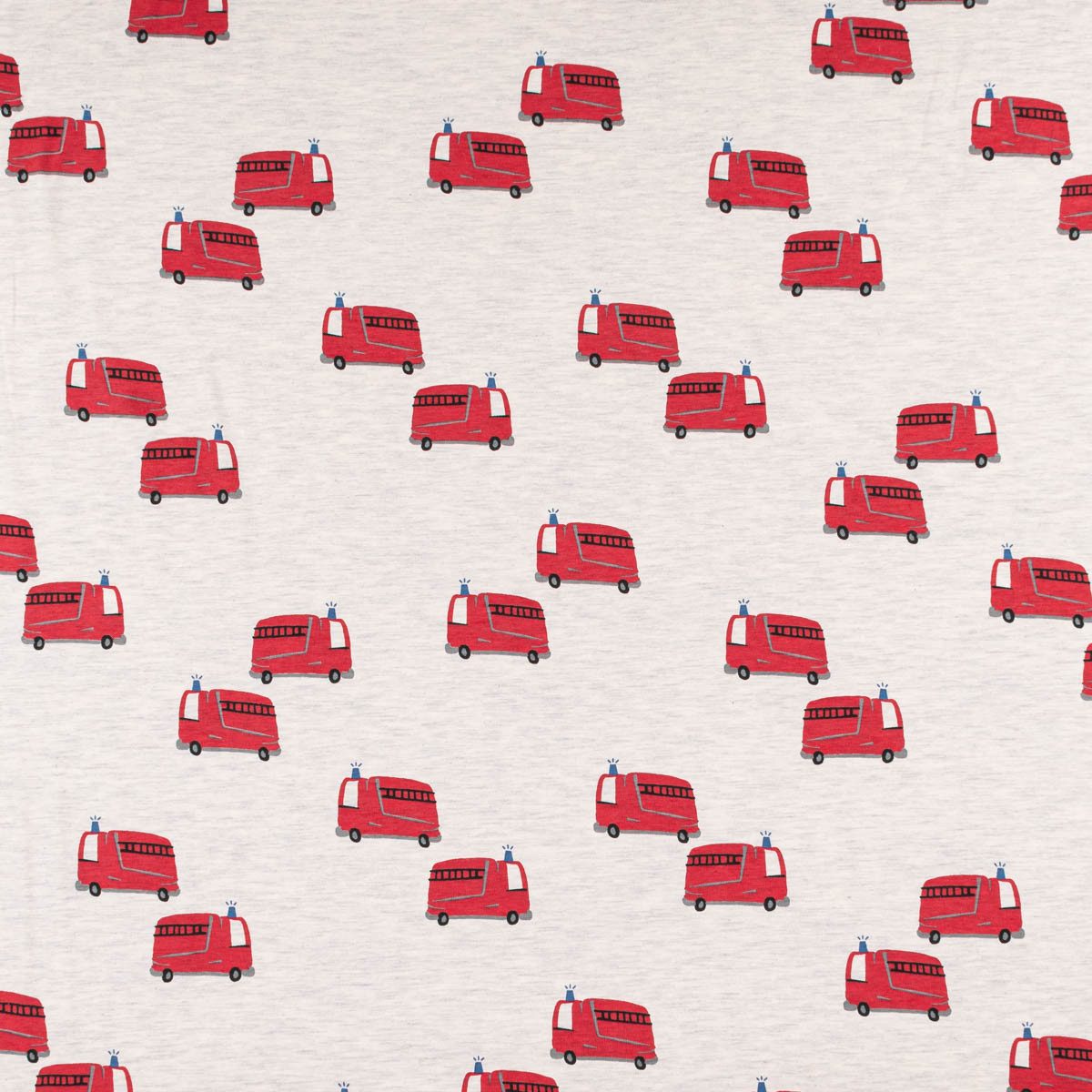 SCHÖNER LEBEN. Stoff Jerseystoff Meterware Melange FIRETRUCKS Feuerwehr ecru rot 1,45m, allergikergeeignet