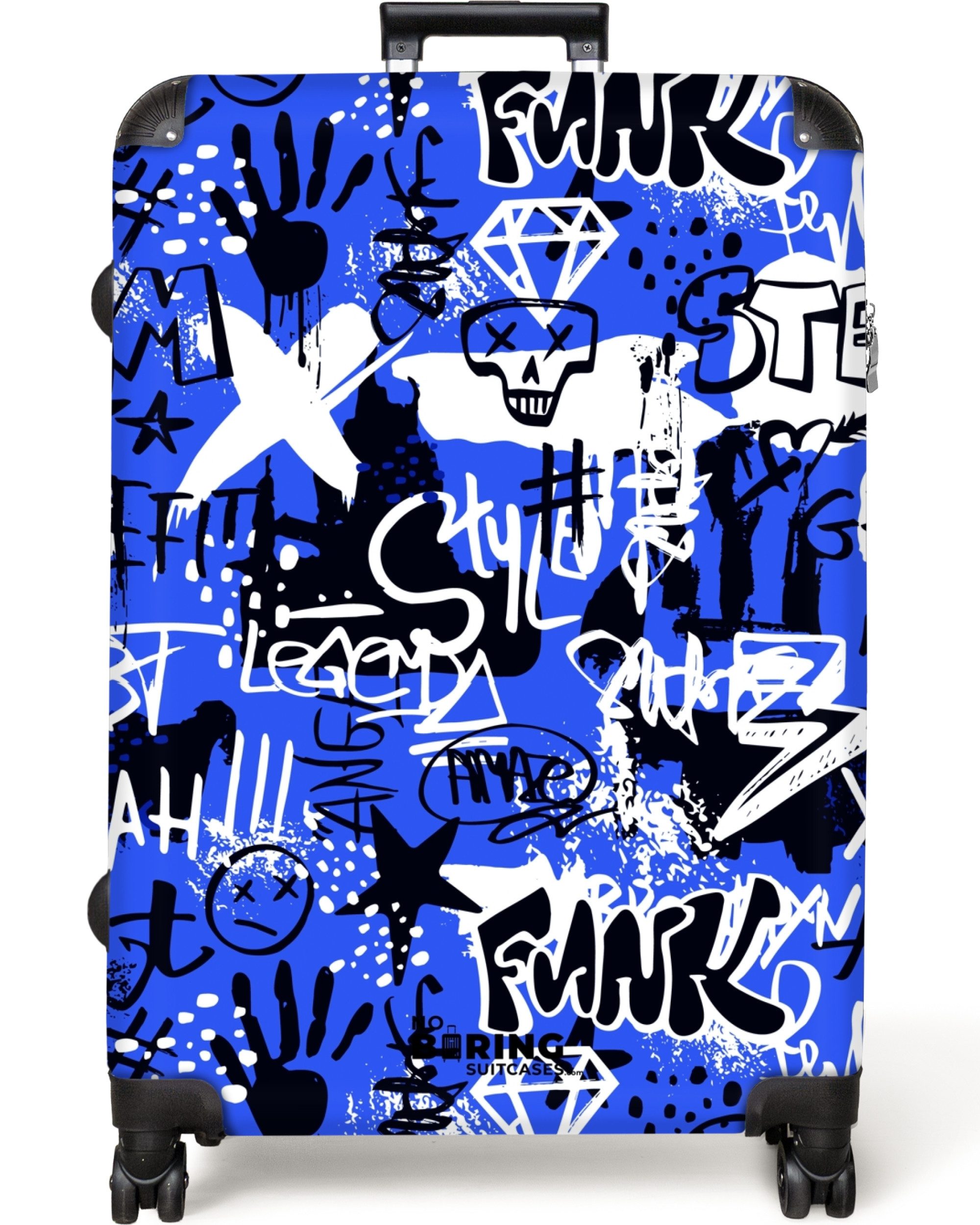 NoBoringSuitcases.com© Hartschalen-Trolley Schwarzes und weißes Graffiti auf blauem Hintergrund 77 cm - 98 L, 8 Rollen, Großer Reisetasche mit Rollen für 30kg, Kinderkoffer