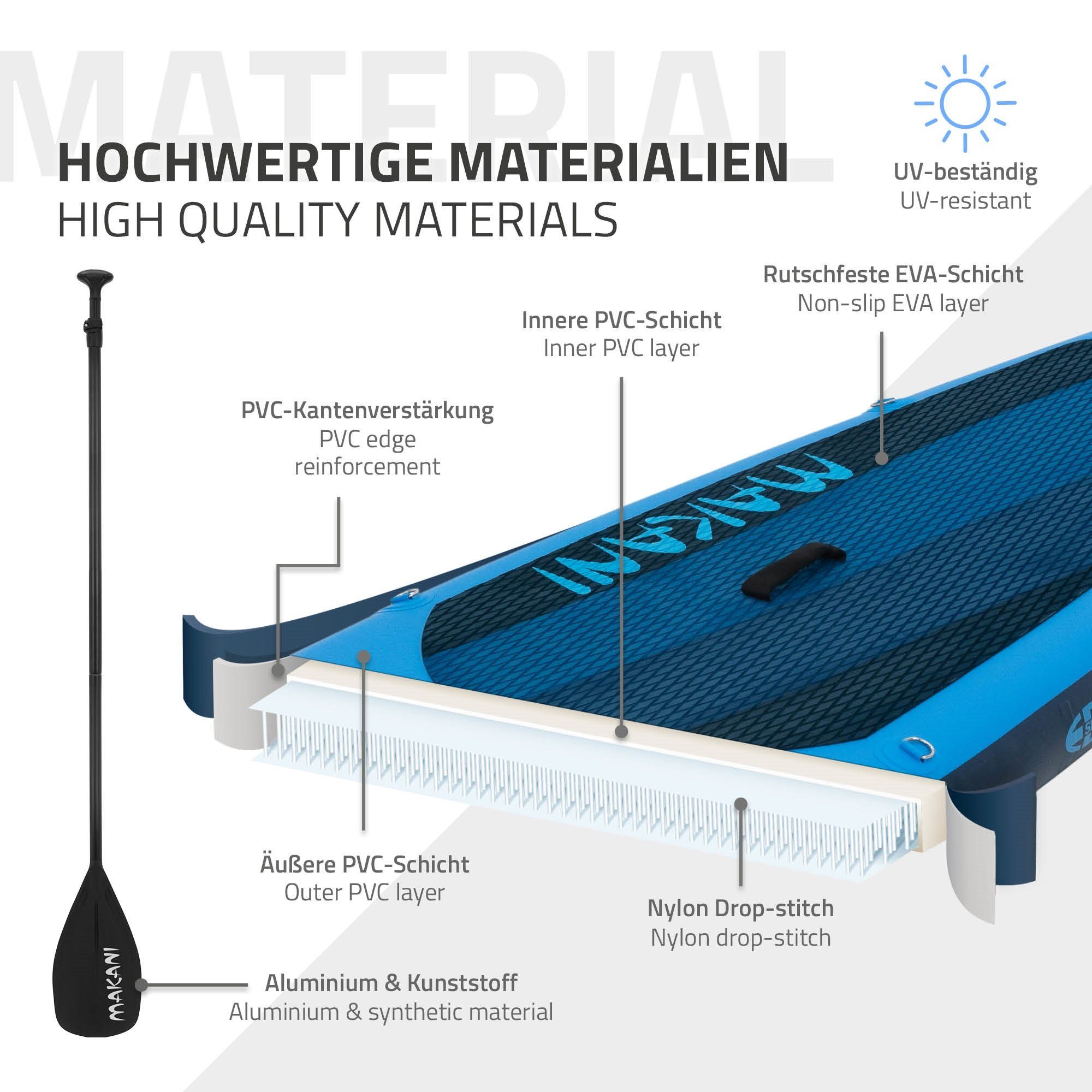 ECD Germany SUP-Board Up Tragetasche PVC 320x82x15cm Zubehör Makani bis kg Pumpe Aufblasbares Blau Board Stand Paddle 150 Surfboard