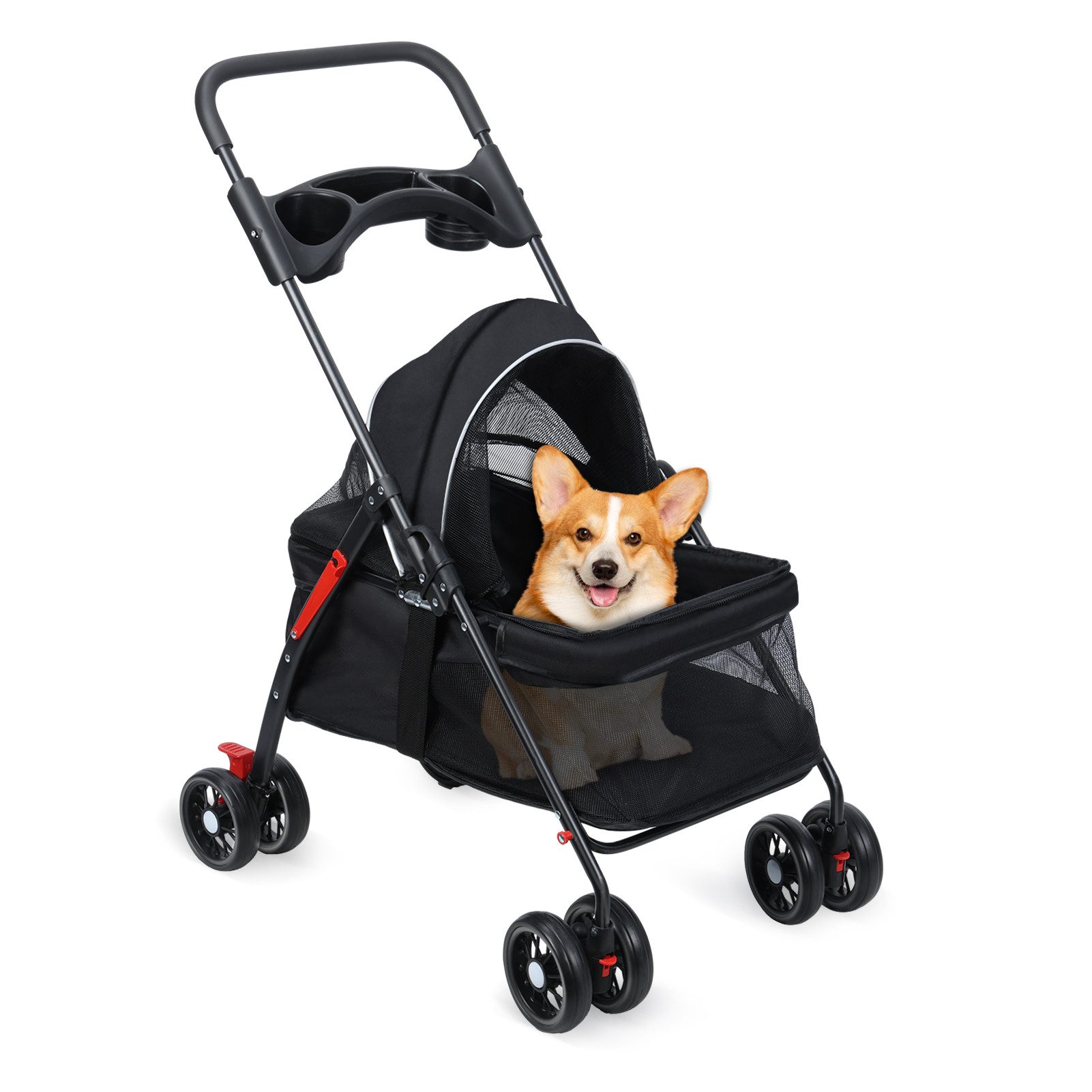 Rutaqian Hundebuggy Kinderwagen für Hunde und Katzen 4 Rädern, mit Getränkehalter, (Kinderwagen für kleine Haustiere,für Mittelgroße und kleine Hunde), Zusammenklappbarer Kinderwagen für Reisen im Freien