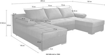 INOSIGN Wohnlandschaft Josy U-Form, inkl. Bettfunktion, Bettkasten und Kissen, mit 2 Recamieren