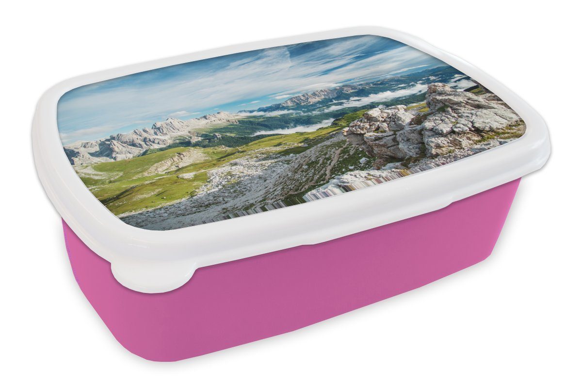 MuchoWow Lunchbox Alpen - Felsen - Gras, Kunststoff, (2-tlg), Brotbox für Erwachsene, Brotdose Kinder, Snackbox, Mädchen, Kunststoff rosa