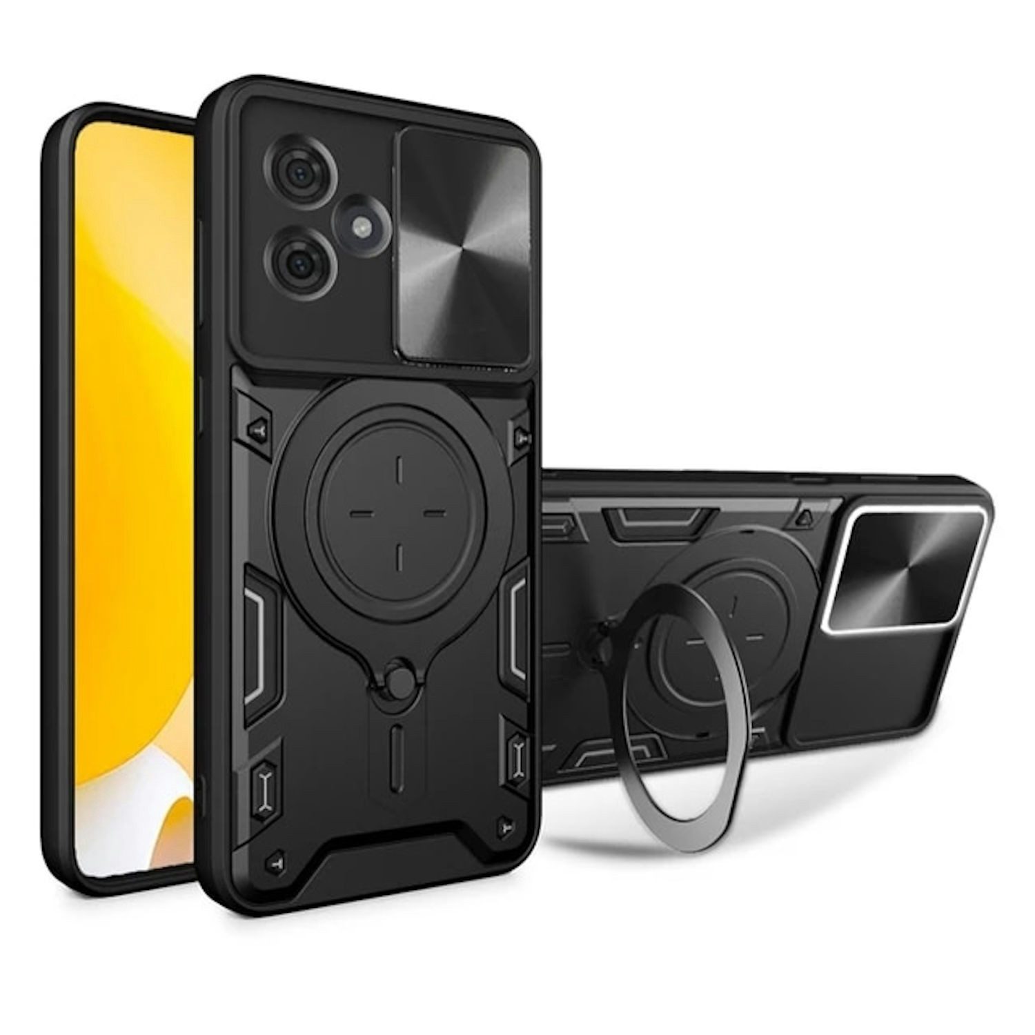 Wigento Handyhülle Für Motorola Moto G54 Armor Magnet Ring Cover Handy Hülle Case Schwarz