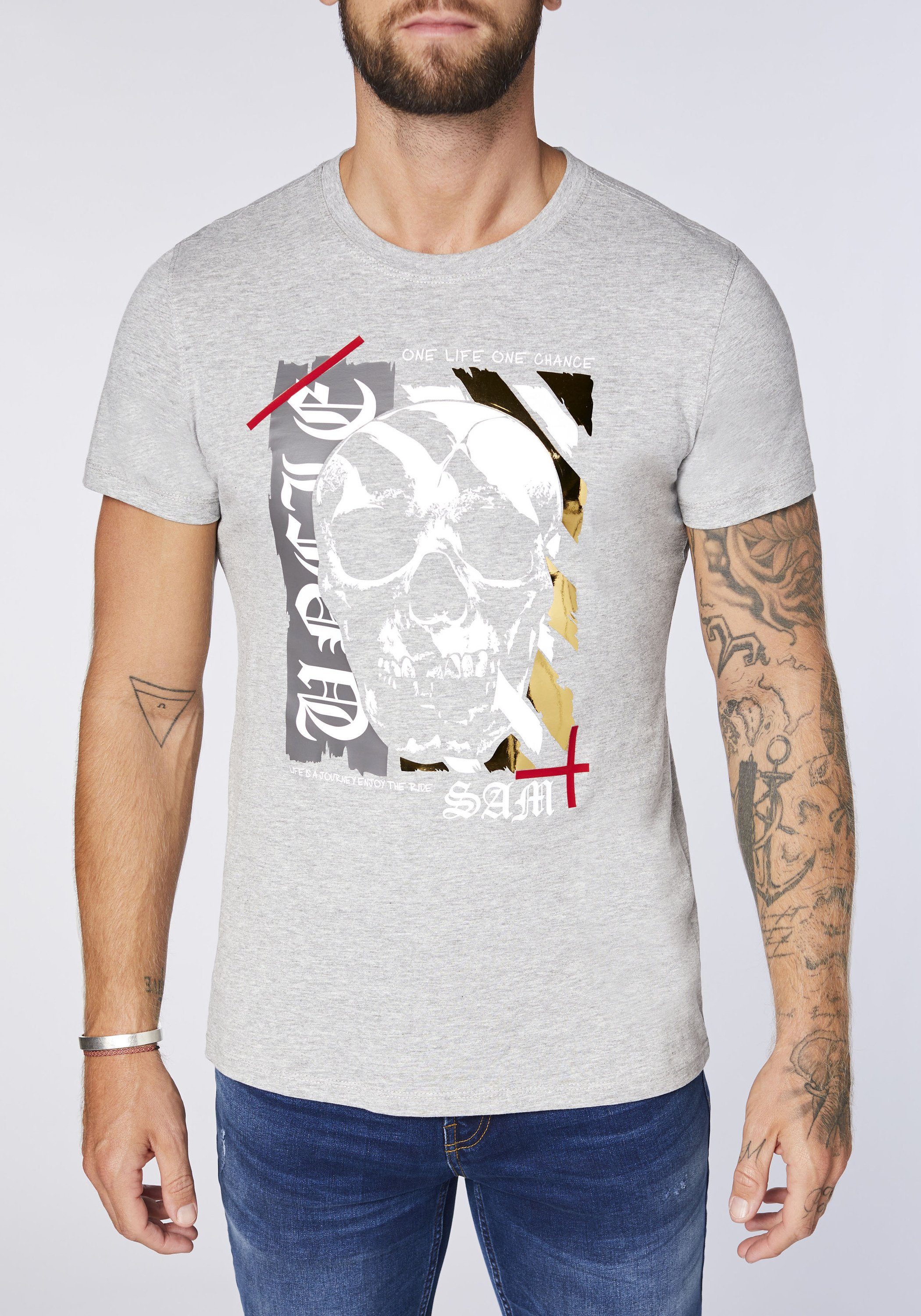 Neutral Print Gray Print-Shirt mit Melange Totenkopf 17-4402M Sam Uncle