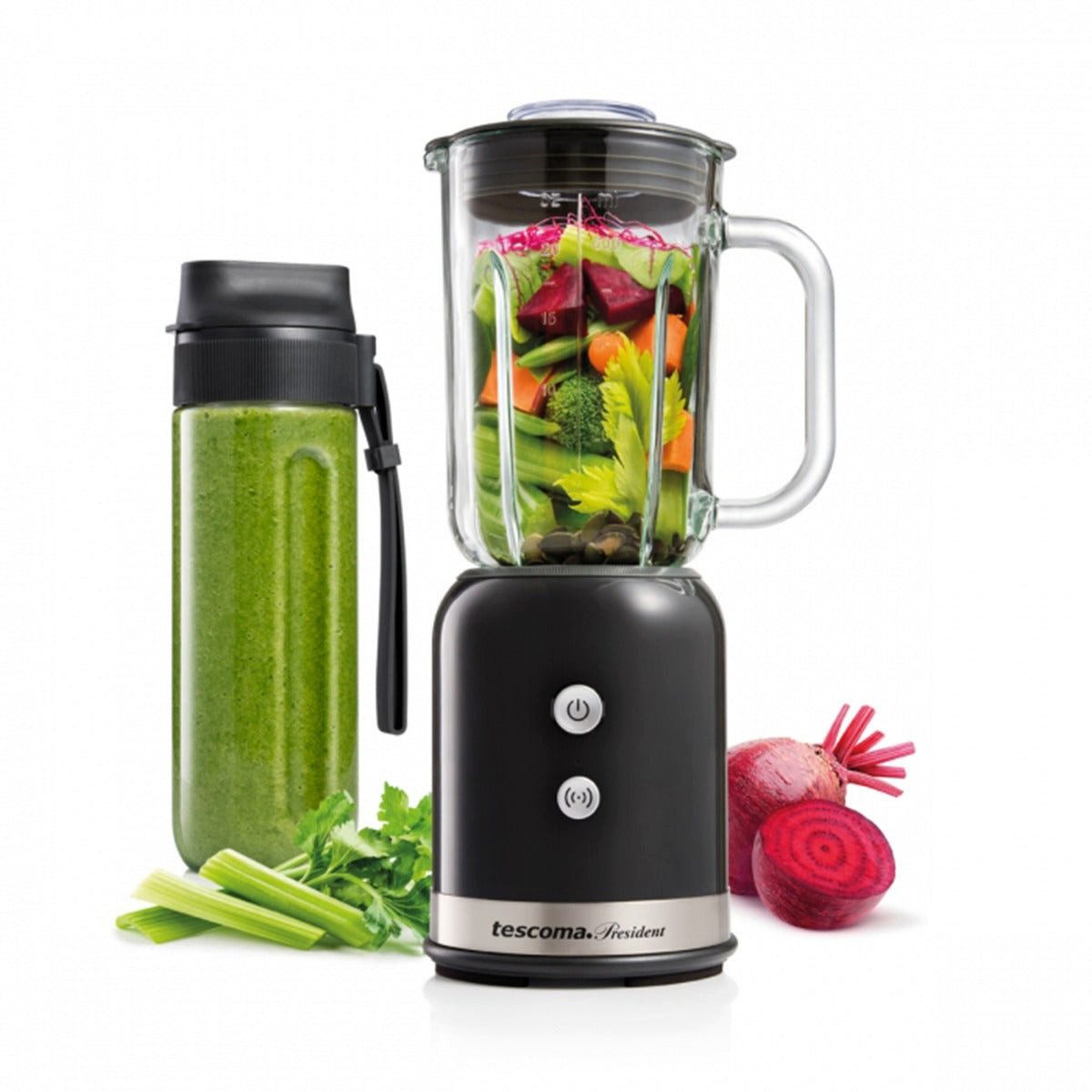 Tescoma Smoothie-Maker Tescoma President Standmixer 2in1 mit Reiseflasche schwarz, 350 W, 2in1 mit Glasaufsatz und Smoothie-to-go-Reiseflasche