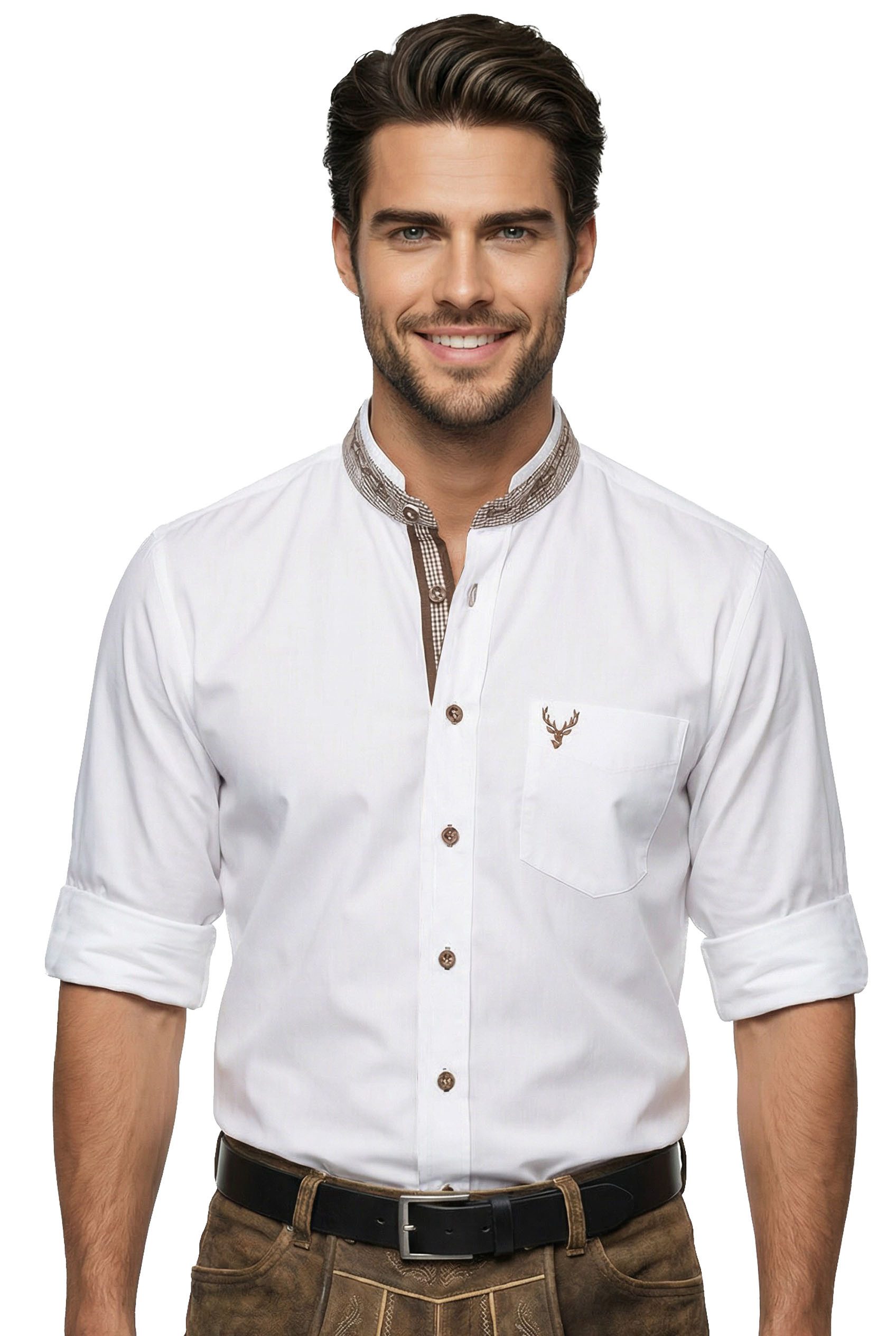 Moschen-Bayern Trachtenhemd Trachtenhemd Herren SLIM FIT Stehkragen Hirsch Langarm Weiß-Braun