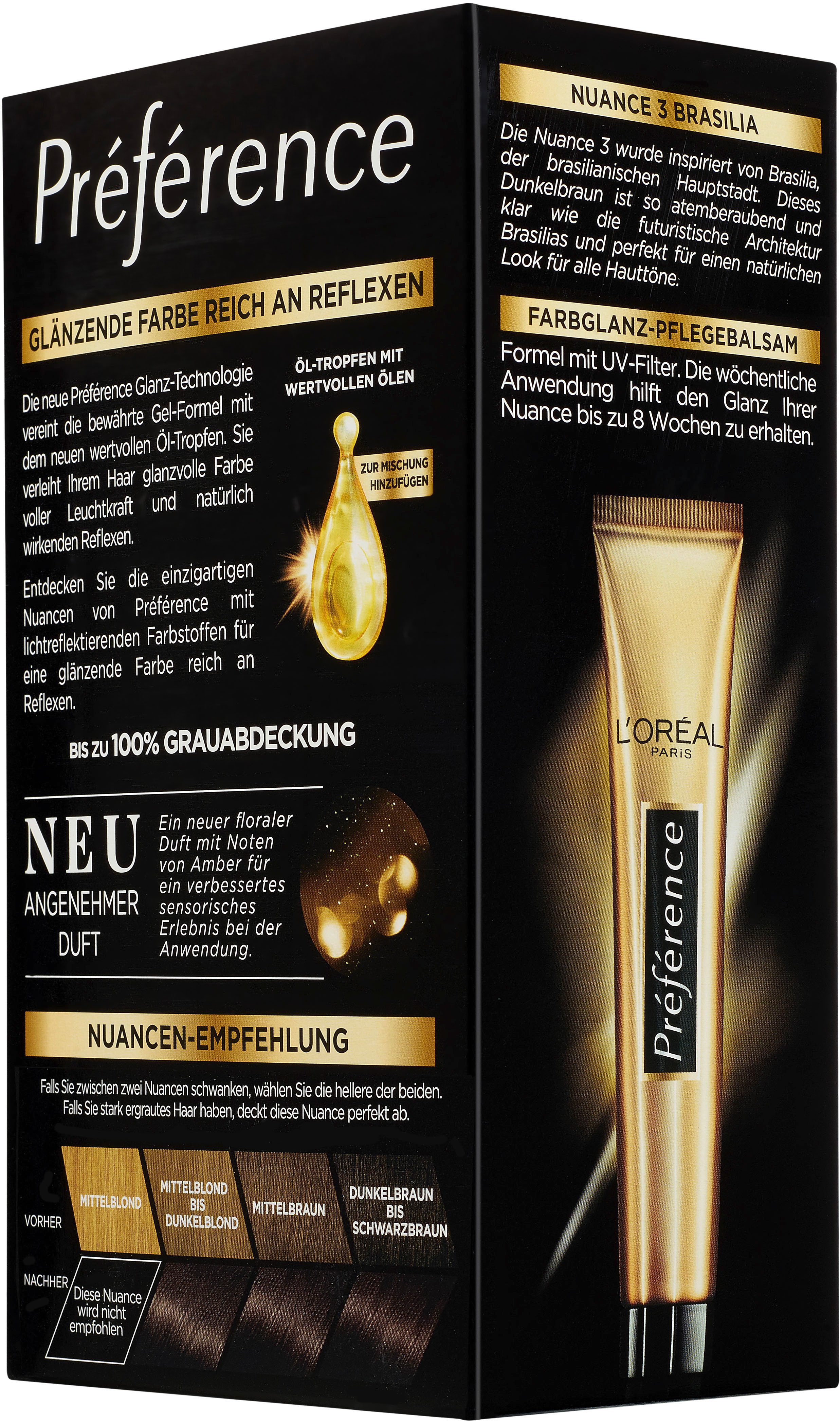 L'ORÉAL PARIS Coloration PRÉFÉRENCE HAARFARBE, Packung, 3-tlg., dauerhafte Haarcoloration mit 100% Grauabdeckung