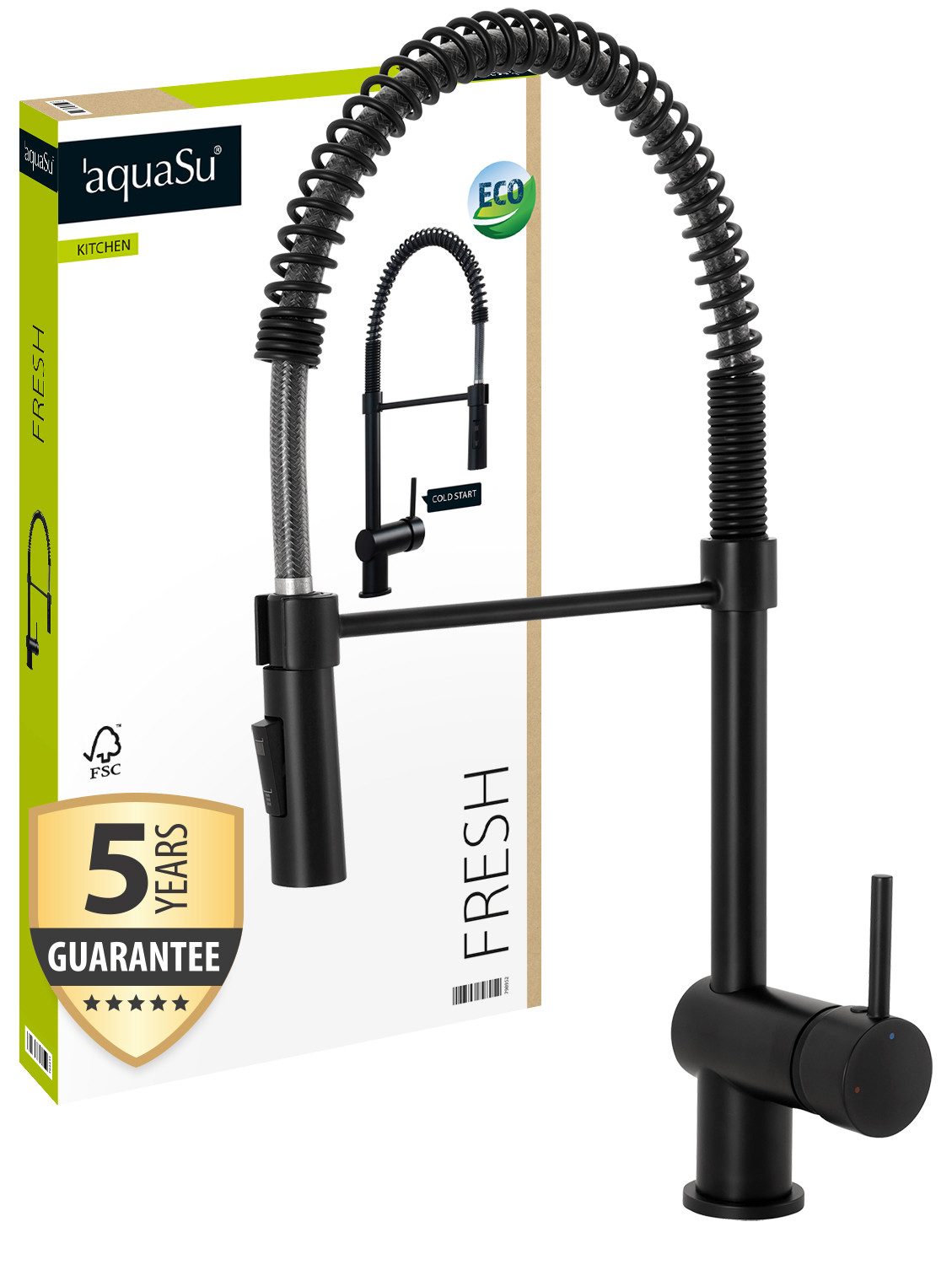aquaSu Spültischarmatur Fresh Federbrause, Schwarz, Flexibel, C-Form, Kaltwassermittelstellung