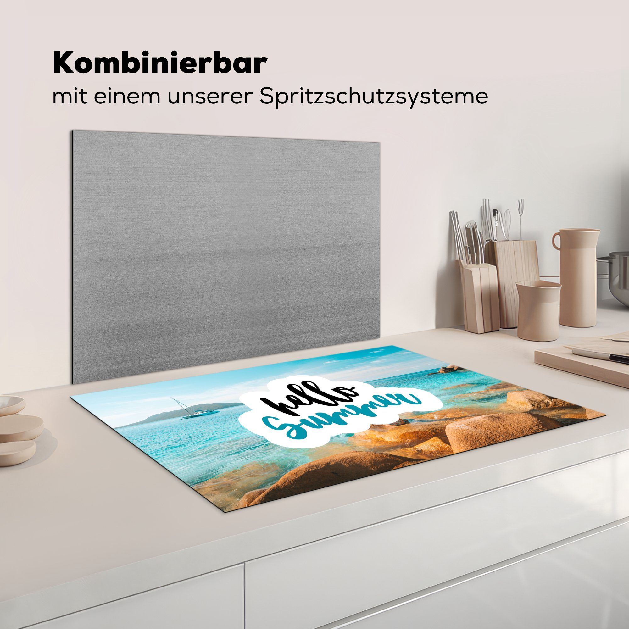 (1 - - Meer, tlg), - 81x52 MuchoWow Ceranfeldabdeckung küche, für die Vinyl, Schutz Sommer Zitat Boot Induktionskochfeld Herdblende-/Abdeckplatte cm,