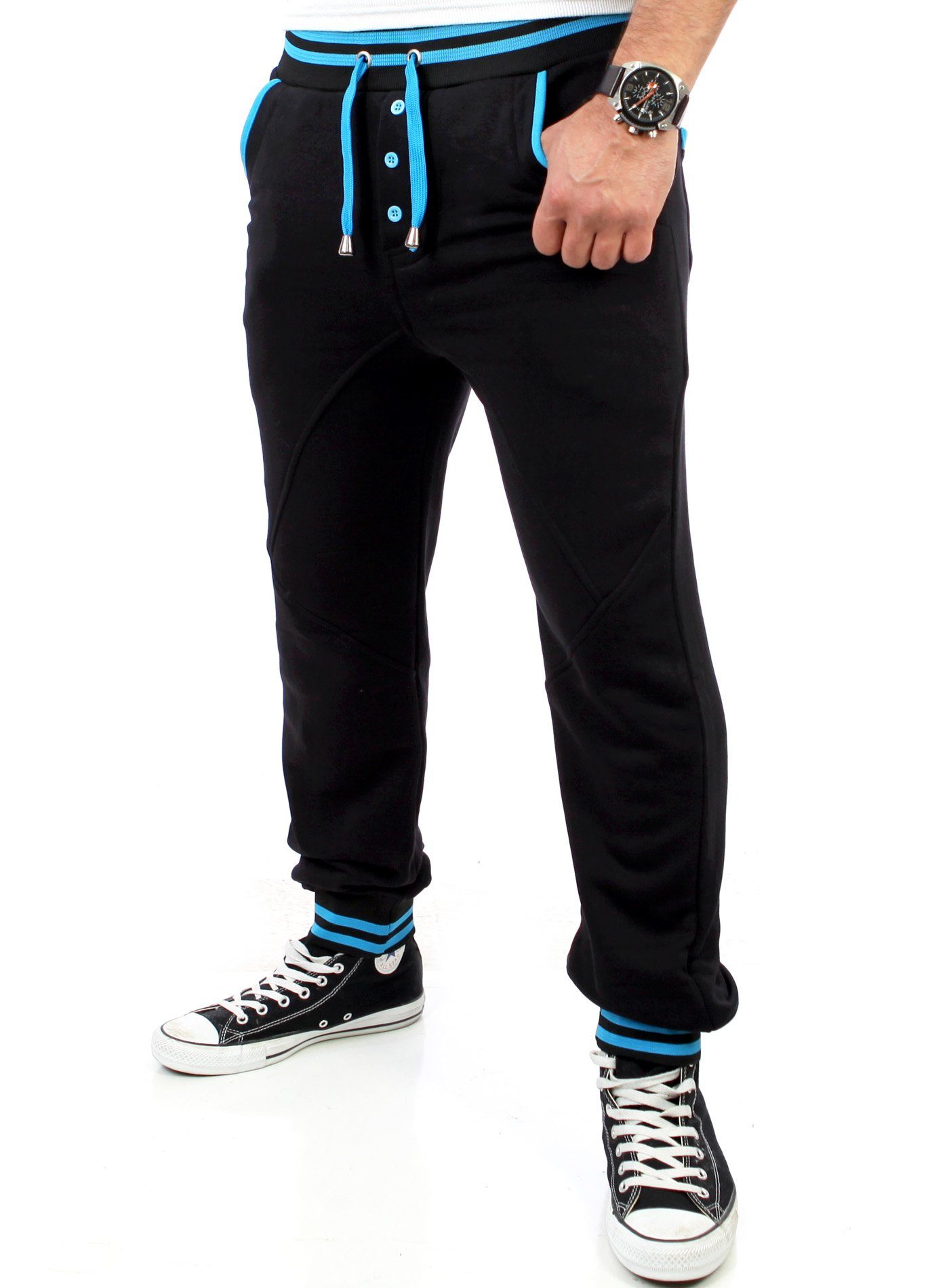 Reslad Jogginghose Reslad Herren Buttoned Style Sweatpants Jogginghose RS-5150 (1-tlg) Sporthose Kontrast Sweathose schwarz-türkis