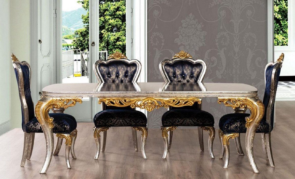 Casa Padrino Esszimmer-Set Luxus Barock Esszimmer Set Royalblau / Silber / Gold - 1 Barock Esstisch & 6 Barock Esszimmerstühle - Esszimmer Möbel im Barockstil - Edel & Prunkvoll