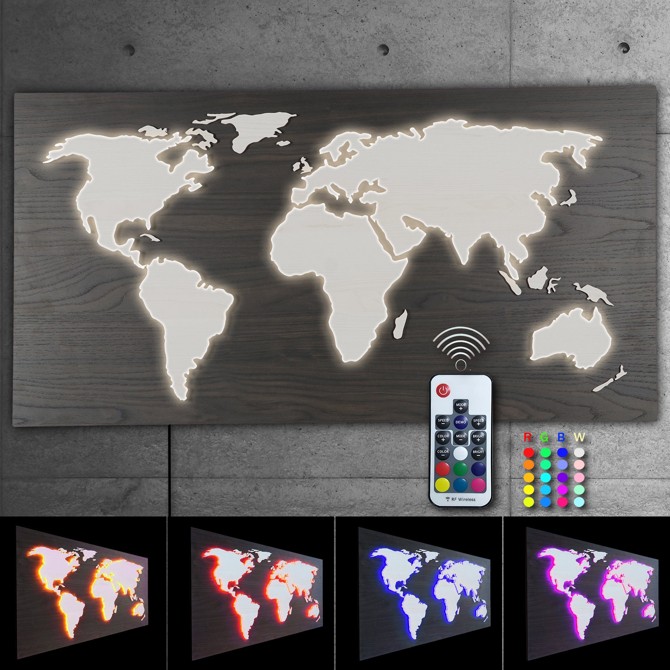 steuerbaren Deko LUX MAPPA LEDs Schwarz, Rückplatte HOLZ-Optik Ahorn RGB mit 3D-Lichtbild, bunt Fernbedienung Weiss - Weltkarte über Walnuss umleuchtet Länder Kontinente 110x57cm Rustikale ZENLED Wanddekoobjekt