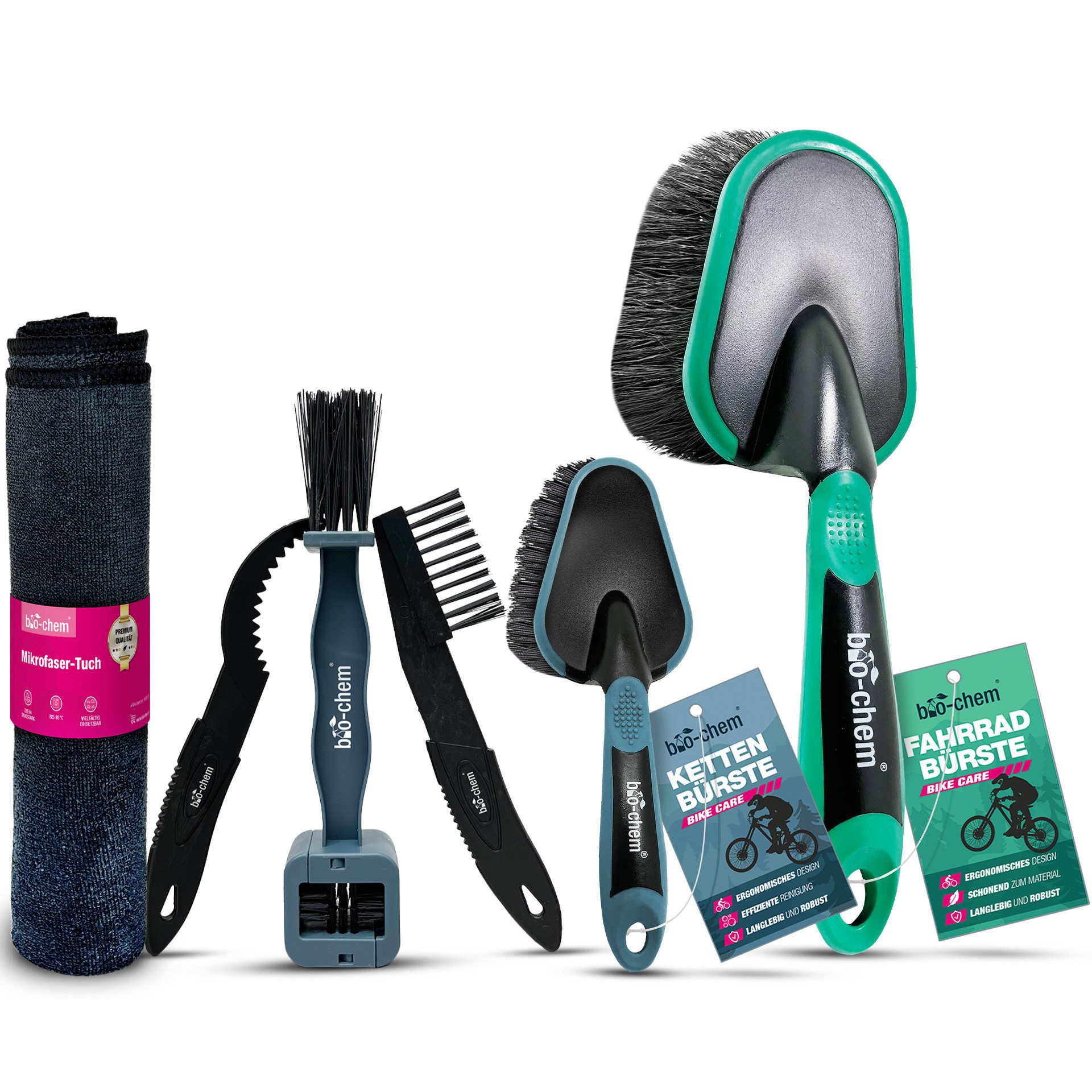 bio-chem Reinigungsbürsten-Set Fahrradzubehör-Set 6-tlg. – Bürsten- & Tuch-Set für perfekte Pflege, (Fahrradbürsten SET 6-teilig)