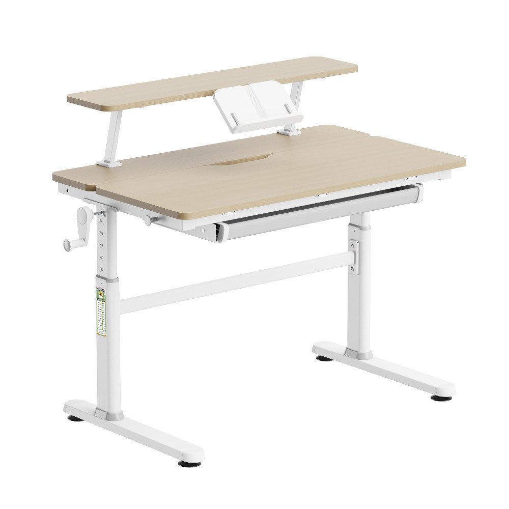 HOKO Kinderschreibtisch höhenverstellbar für Kinder ab 6 Jahren (Schreibtisch-Set, mit 90x20 cm Aufsatz, Buchstütze, 1 Schublade, Haken und Handkurbel), 100x60 cm Fläche, Klemmmontage ohne Bohren, Holzoptik, LUKA & ALVO