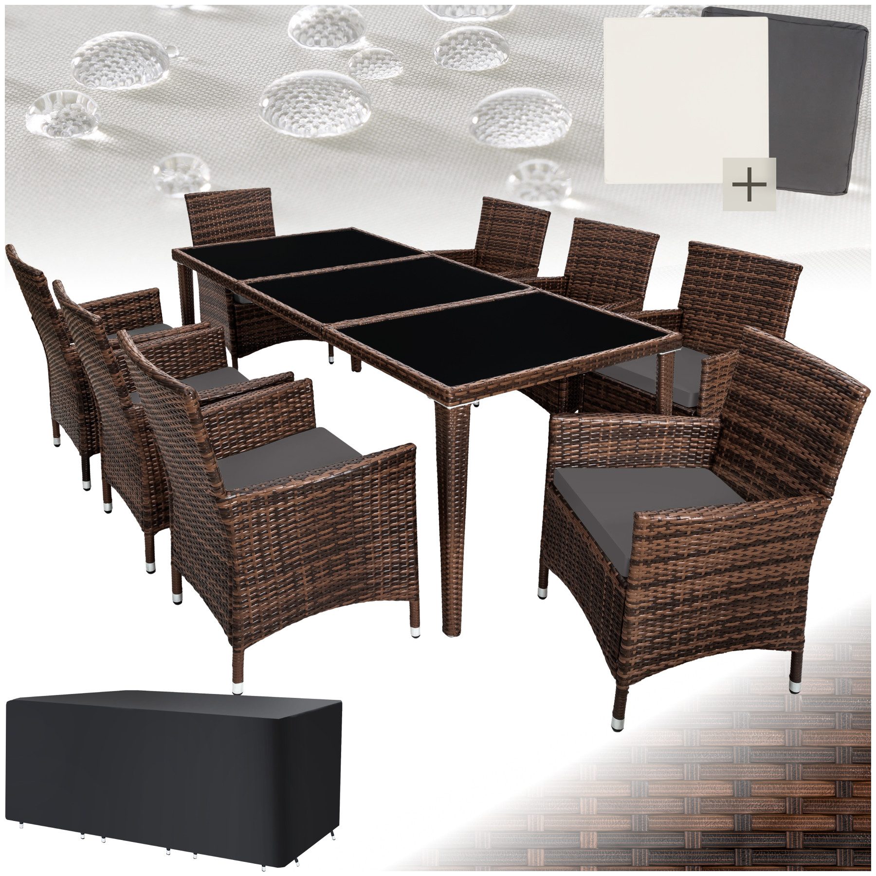 tectake Sitzgruppe Rattan Sitzgruppe, (Set, 9-tlg), Inkl. 2 Bezugsets