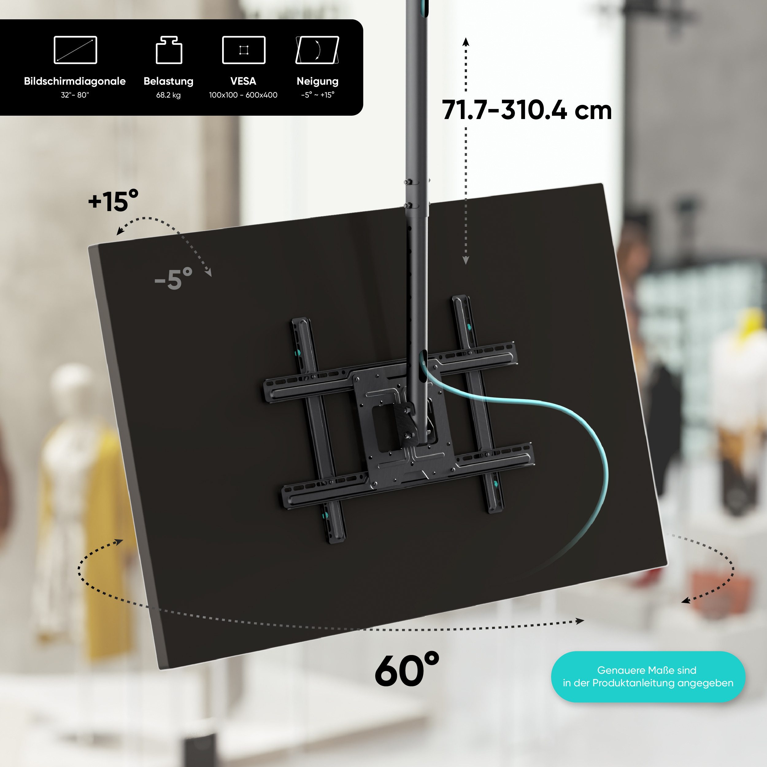 ONKRON TV-Deckenhalterung 32-80 Zoll, bis 68 kg, VESA 100x100-600x400, N2L-B, (bis 80,00 Zoll, höhenverstellbar, lang, schwenkbar, neigbar, Kabelmanagement)