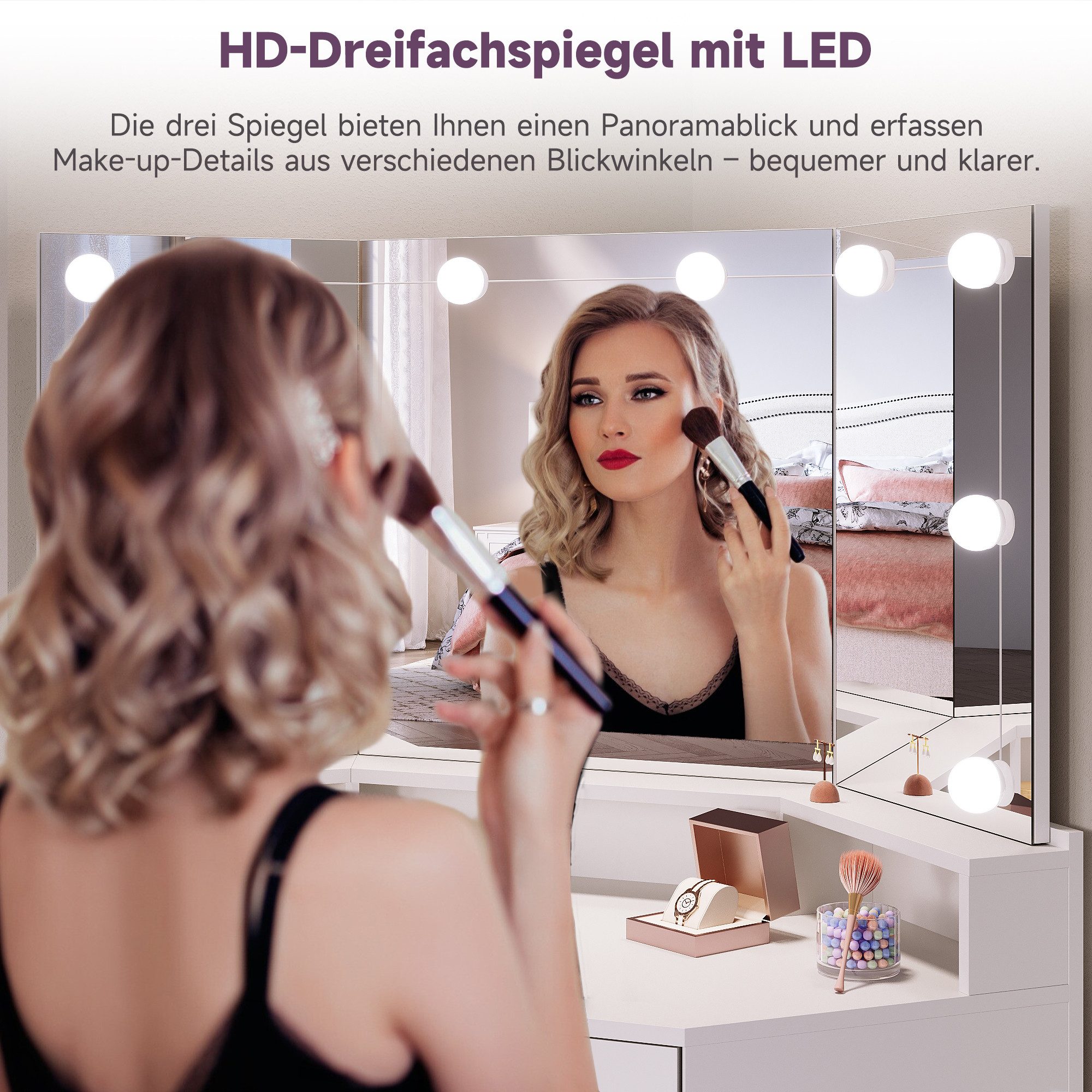 SONNI Schminktisch Eckschminktisch mit/ohne LED-Beleuchtung, Weiß & Schwarz, Eck-Schminktisch, mit LED-Beleuchtung und Spiegel, 110 x 141.5 cm – Bild 5 von 5