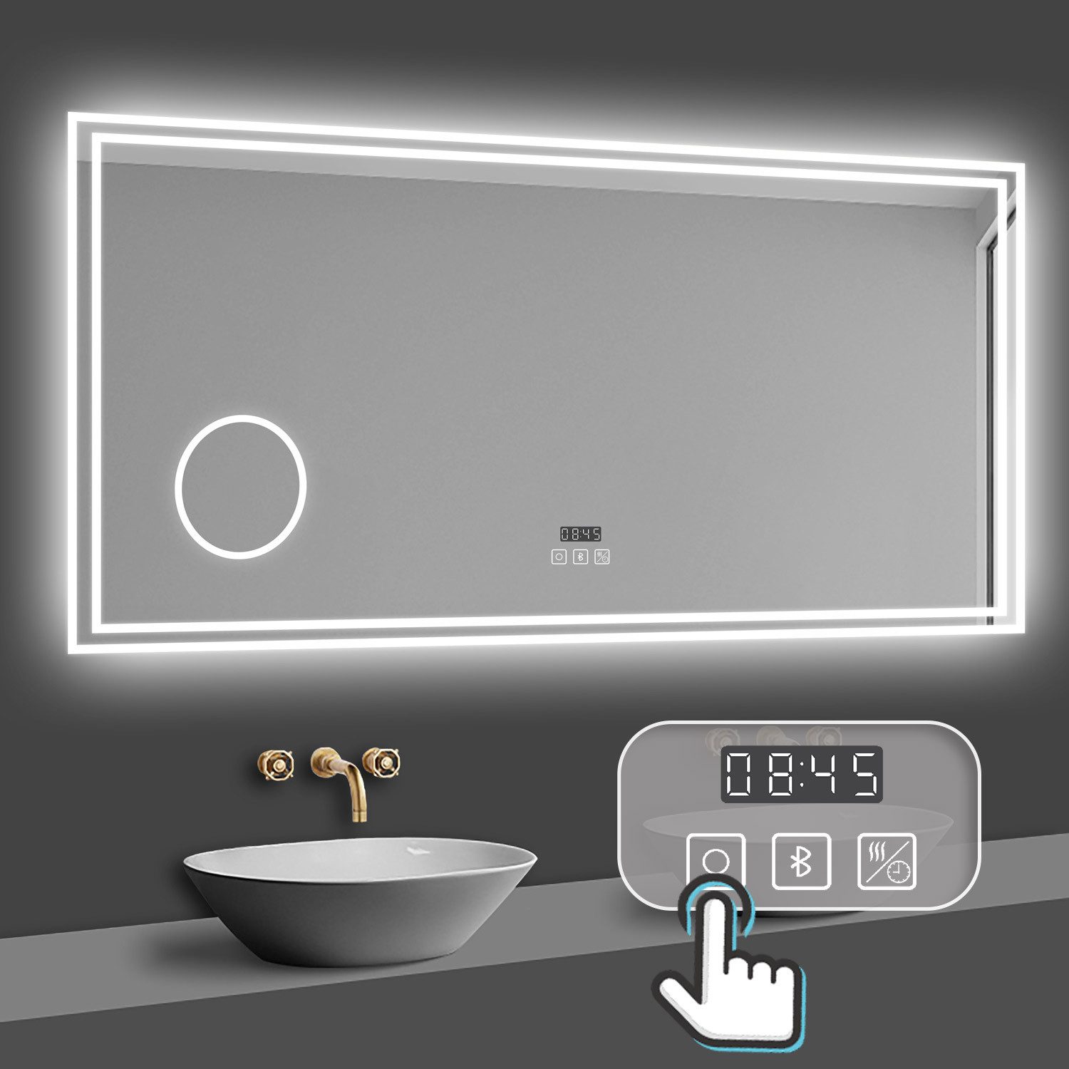 duschspa Badspiegel 80-160cm mit LED, Uhr, Beschlagfrei, Schminkspiegel, Kalt/Warm/Neutral Licht, dimmbar, Helligkeit-Speicherfunktion