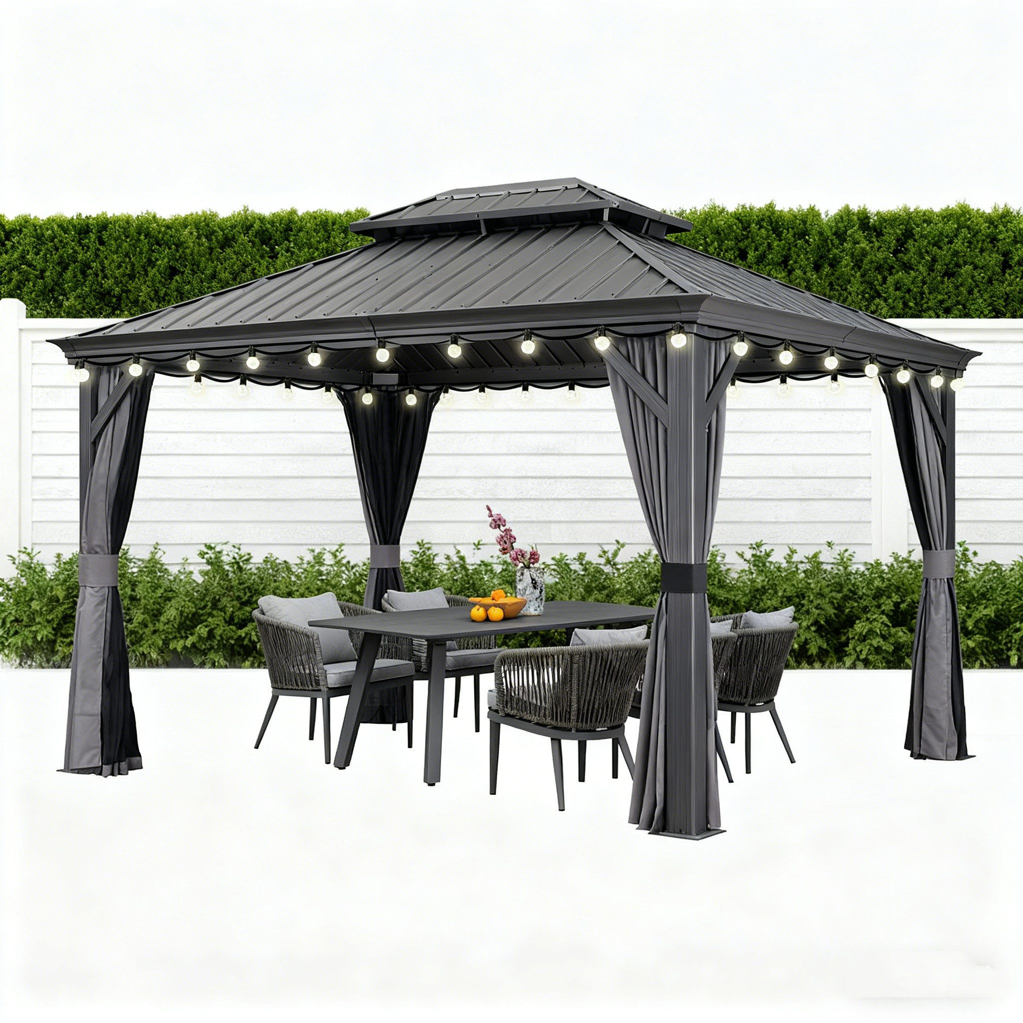 Pavillon Hardtop Aluminium Gartenpavillon mit LED-Lichtern und Seitenteilen