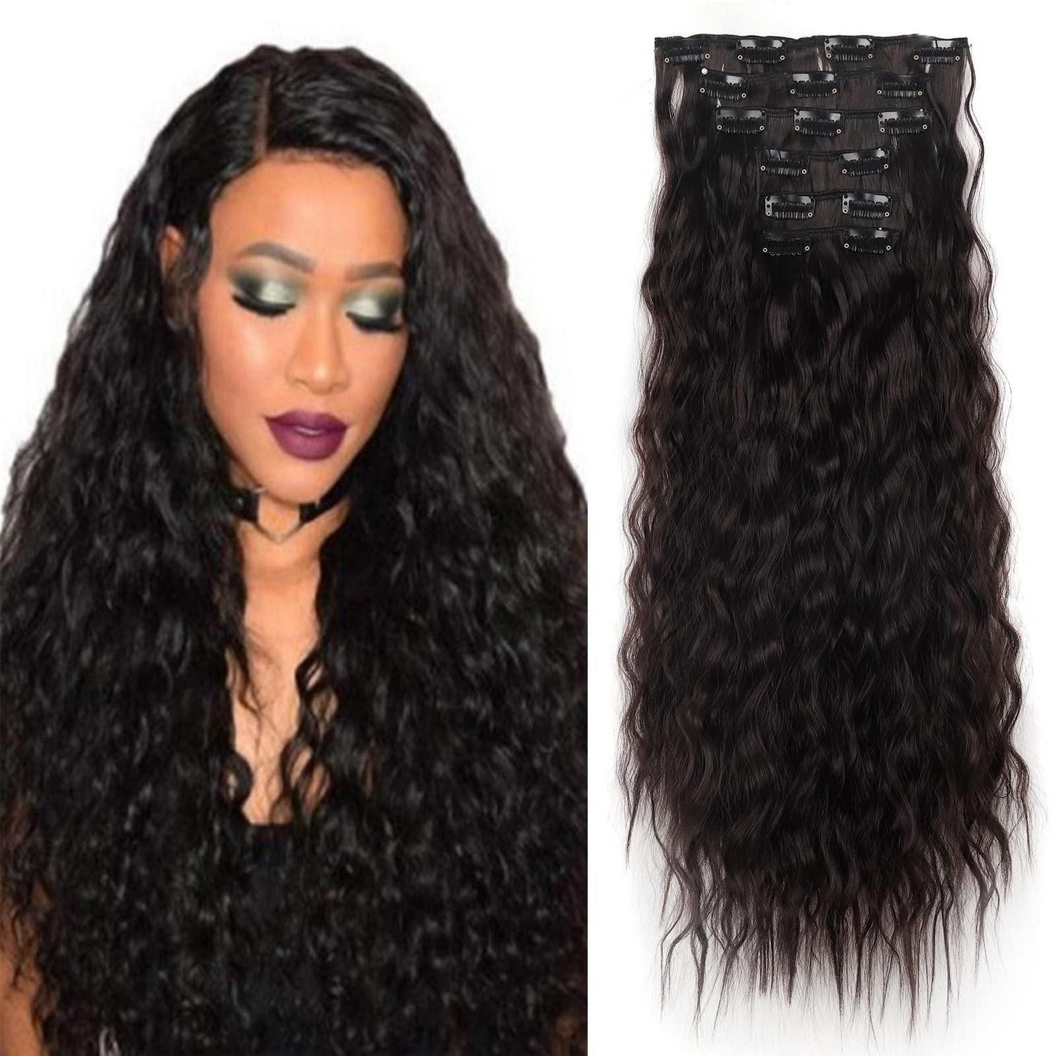 LuxusKollektion Kunsthaar-Extension Clip in Extensions Haarverlängerung Lockig Echthaar 50 cm Dunkelbraun