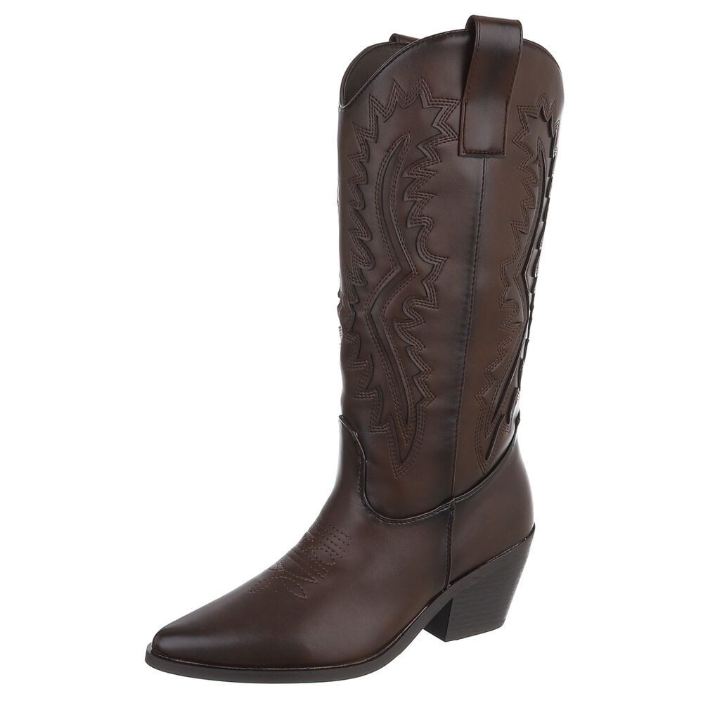 Damen Westernstiefel mit Blockabsatz und Ziernähten Westernstiefel