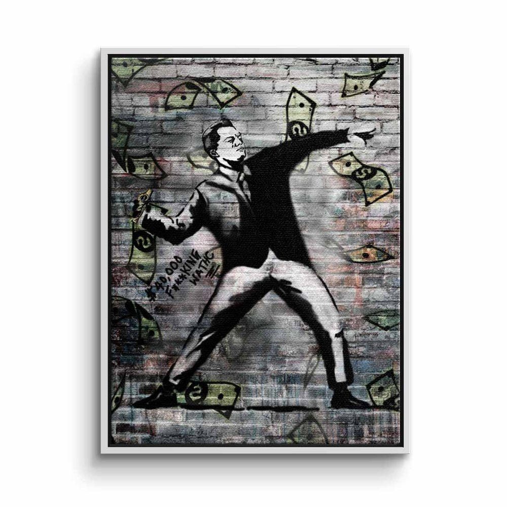 DOTCOMCANVAS® Leinwandbild, Leinwandbild Banksy geld premium schwarz Rahmen watch weiß streetart mit weißer 40k