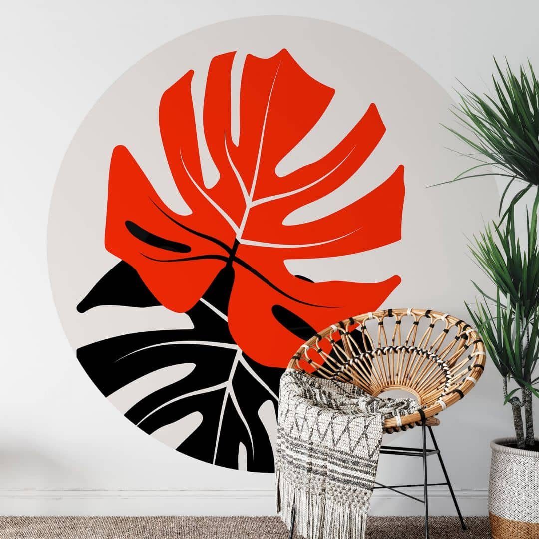 K&L Wall Art Fototapete Fototapete Kubistika Monstera Dschungel Vliestapete Rund Schlafzimmer, Monstera-Duett Tapete