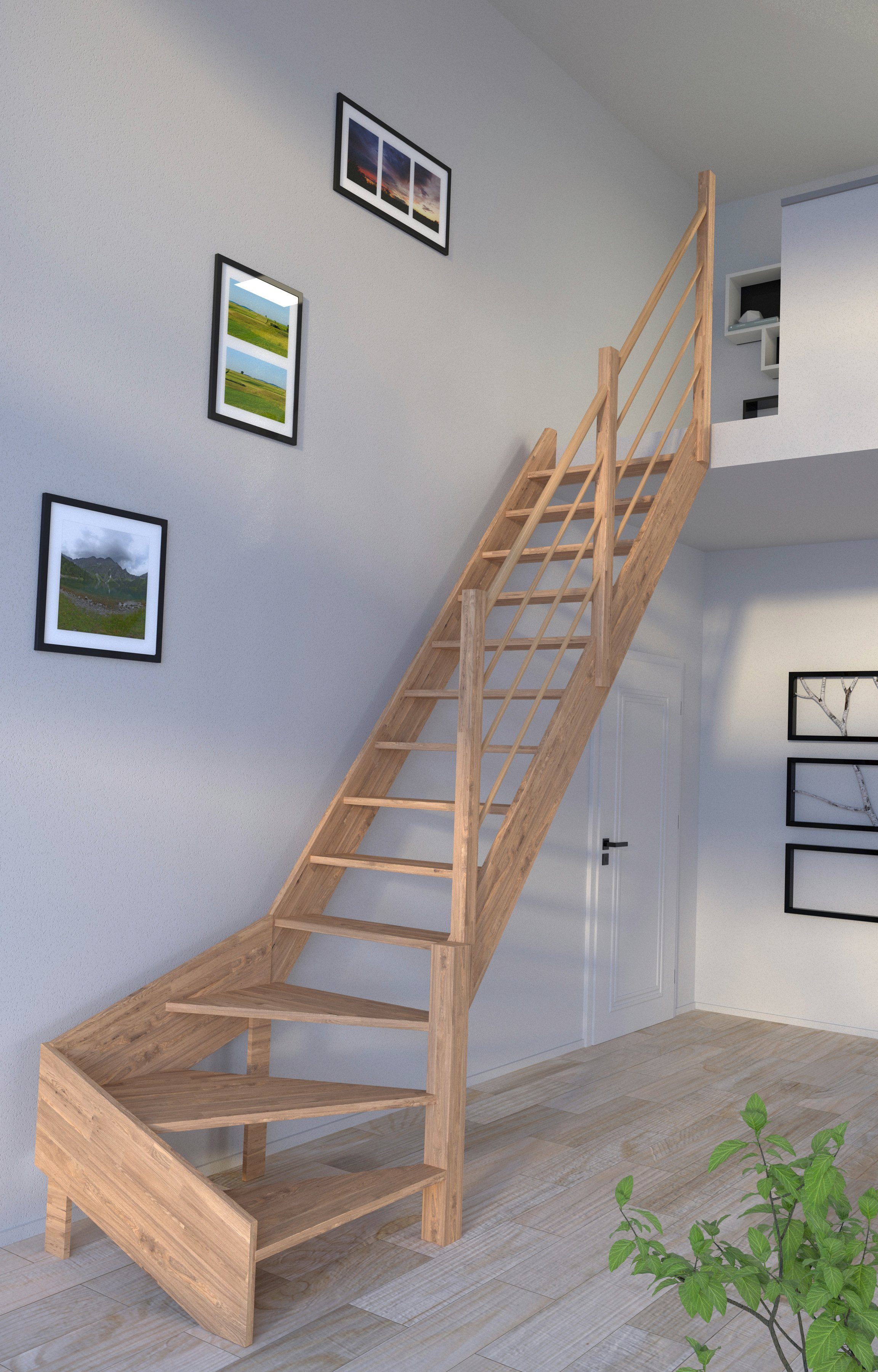 Starwood Raumspartreppe Massivholz Rhodos, Holz-Holz Design Geländer, für Geschosshöhen bis 300 cm, Stufen offen, gewendelt Rechts, Durchgehende Wangenteile