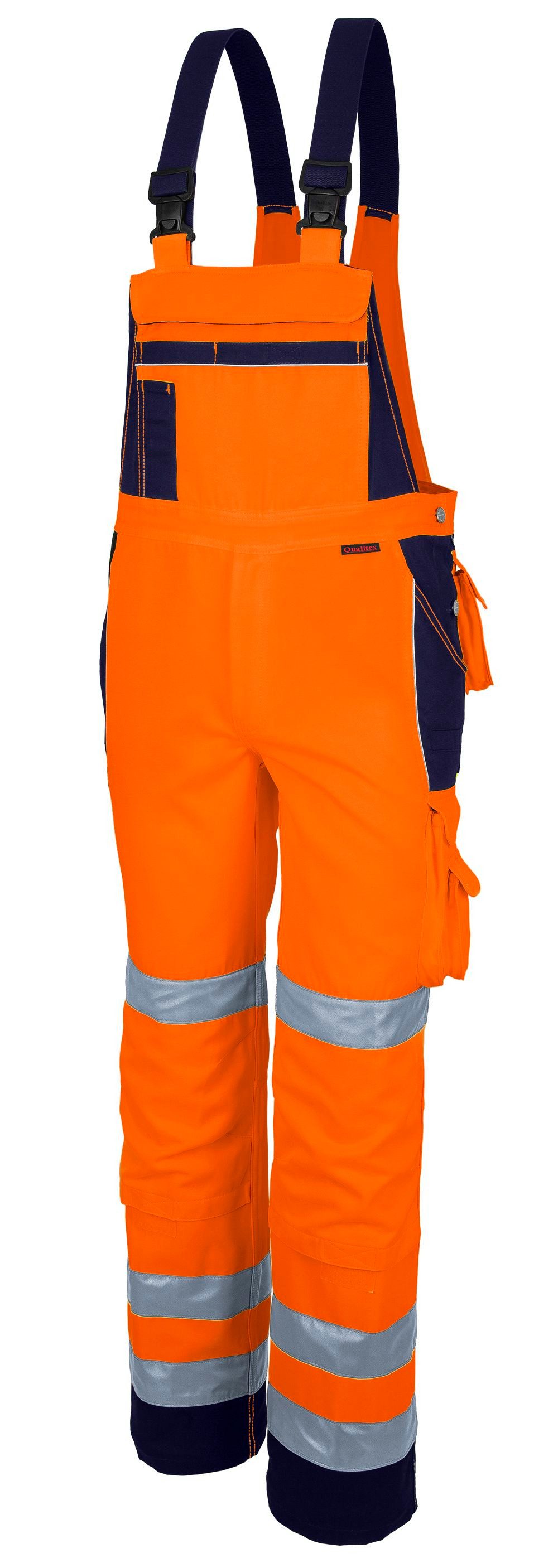 Qualitex Workwear Arbeitslatzhose reflektierende PROfessionals Warnschutz-Latzhose (faserverstätkt) (1-tlg) Arbeitshose mit 16 Taschen - Strapazierfähig - mit Zertifizierung