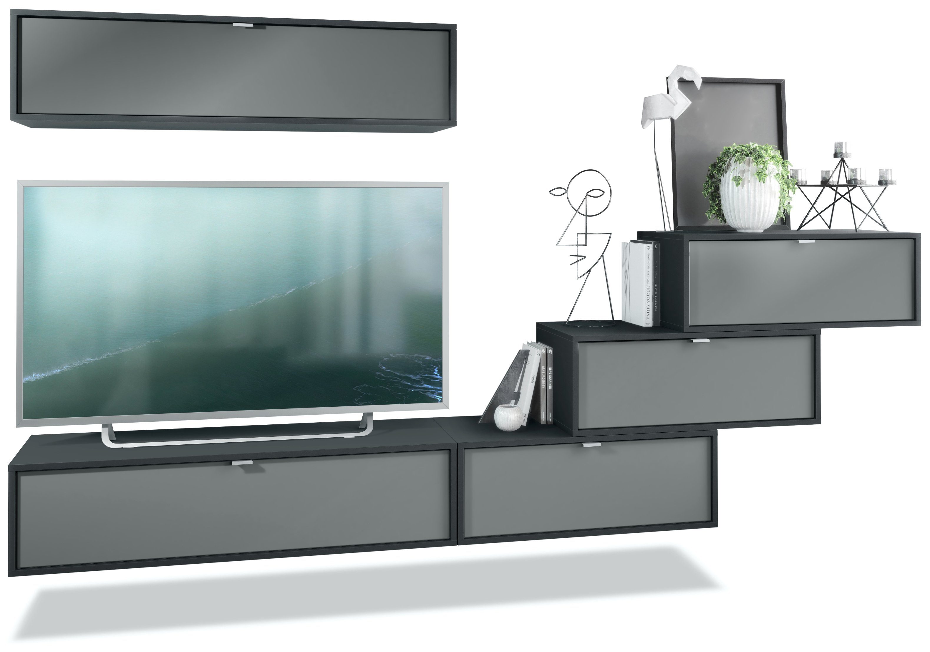 Graphit x Schwarz 37 cm) Fächern), Hängeelementen 180 5 seidenmatt Fronten (275 Wohnwand mit Vladon x aus Seidenmatt in bestehend 12 Lana, (Anbauwand, matt/Graphit