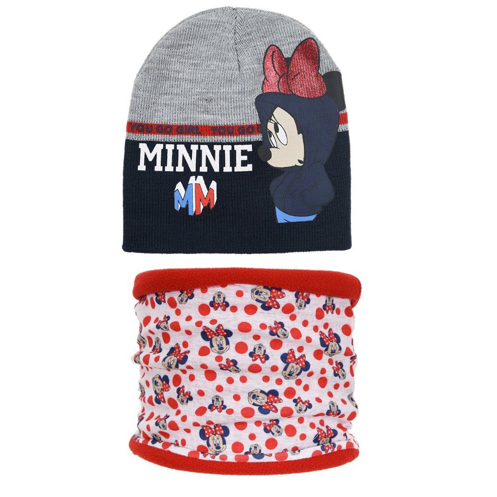 Disney Schlupfmütze Disney Minnie Maus 2teiliges Set Kinder Herbst Wintermütze plus Loop Gr. 52 bis 54 Grau