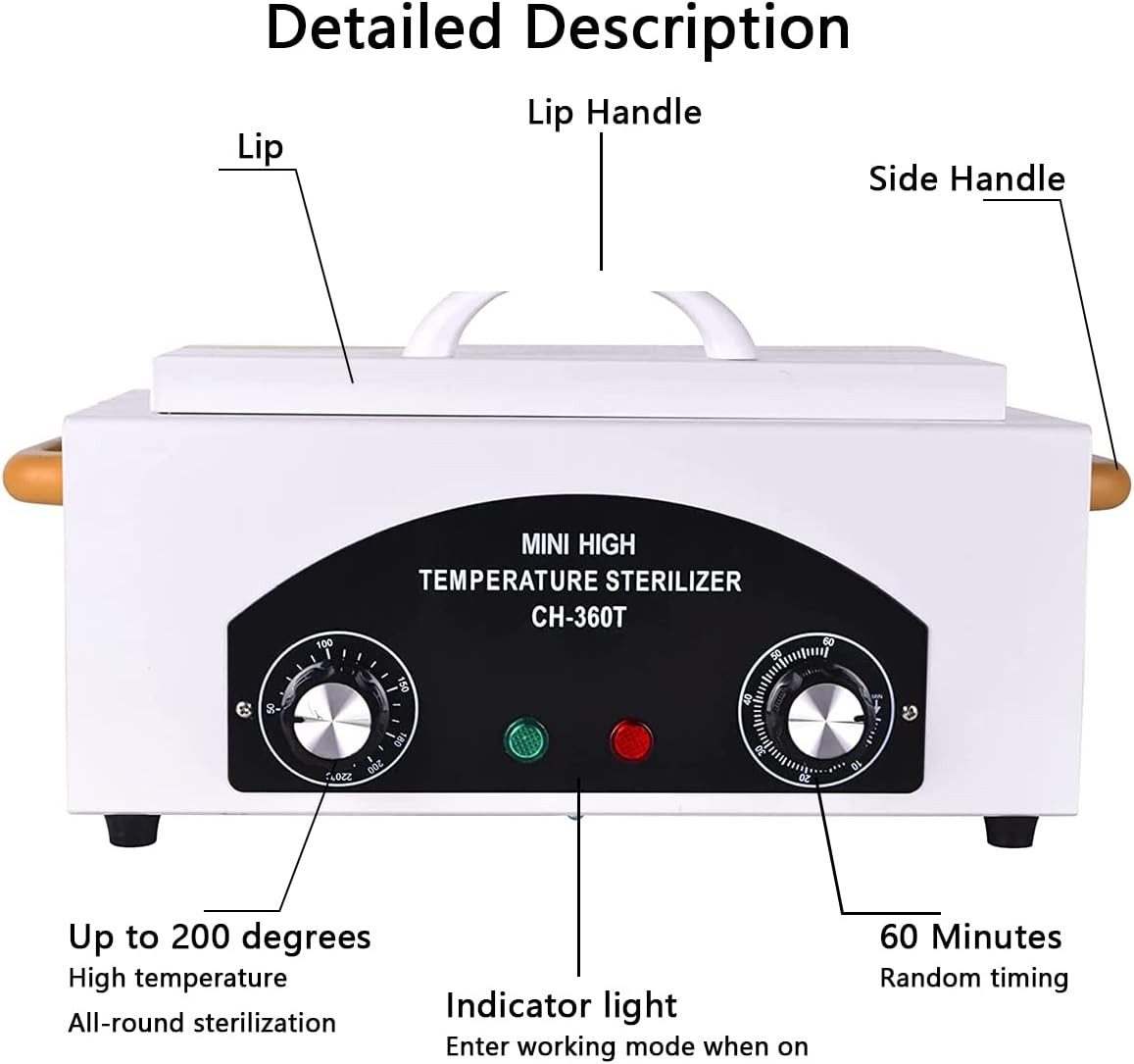 Ophy Dampfsterilisator Heißluftsterilisator (Trockenhitze) – 200 °C, 300 W, 1,5 L, 1-tlg., mit Timer & Kontrollleuchte – für Nagelwerkzeuge & Friseursalon – Bild 5 von 5