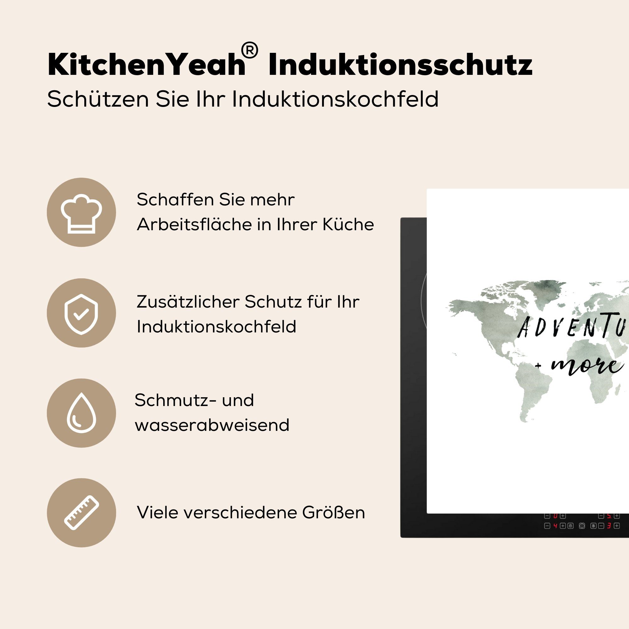 MuchoWow Herdblende-/Abdeckplatte Weltkarte - Zitat Arbeitsplatte (1 - küche für Ceranfeldabdeckung, cm, Aquarell, Vinyl, 78x78 tlg)