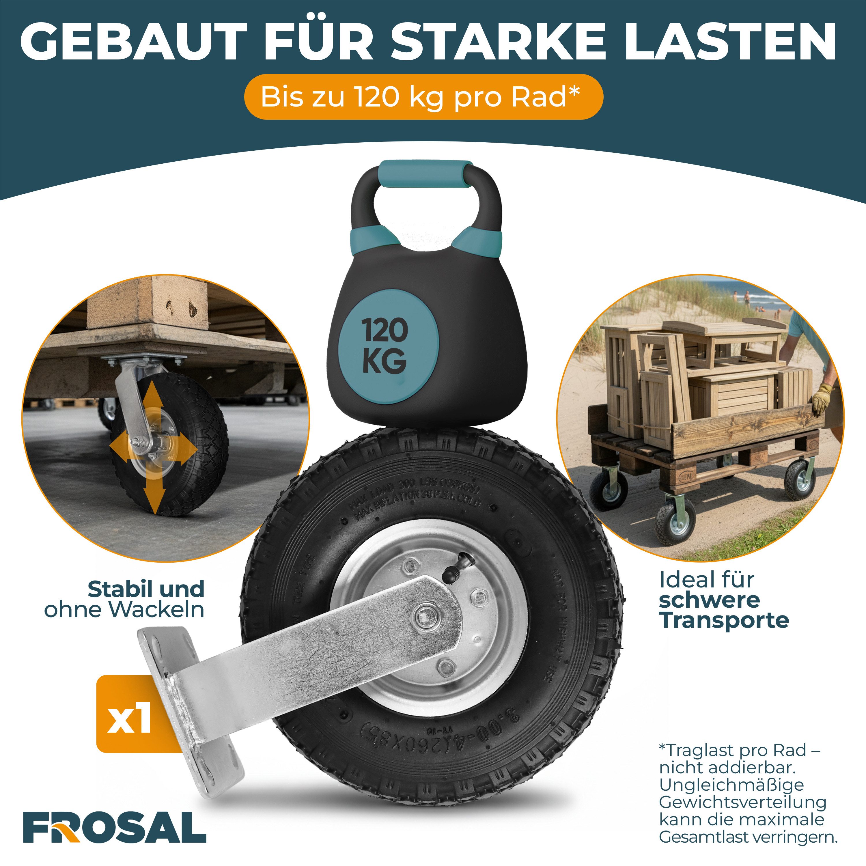 Frosal Lenkrolle 2 x FROSAL Bockrolle + 2 x Lenkrolle Set Ø 260 x 85 mm 4-tlg. Luftrad, (1-St) – Bild 5 von 5