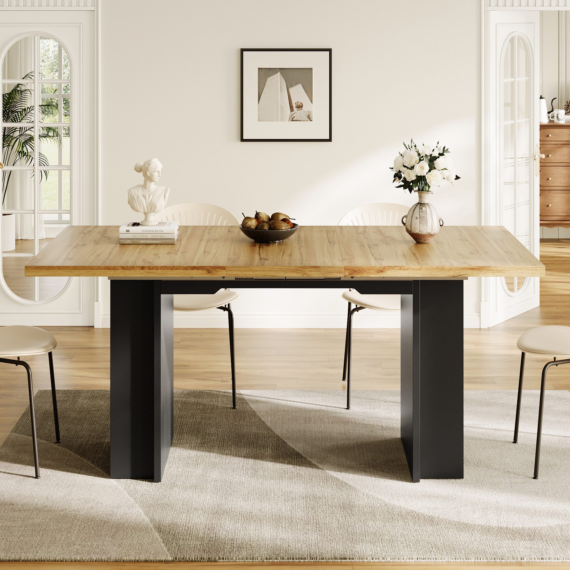 Flieks Esstisch ausziehbare Tischplatte in Holzoptik (Länge120-160/T80/H75 cm, 1-St., 1 Tisch), erweiterbarer Küchentisch mit Regalen Schreibtisch rechteckig