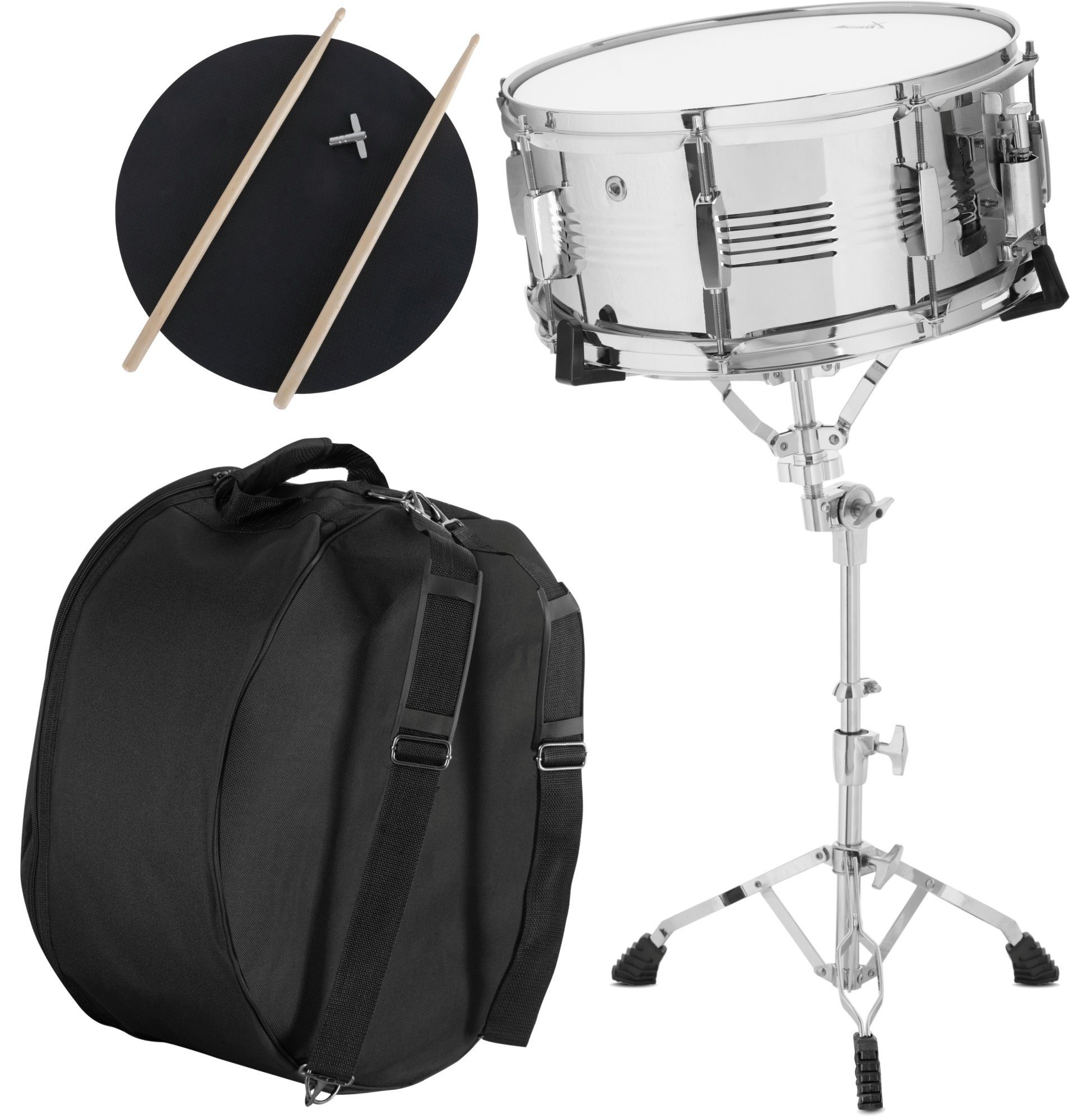 XDrum Snare Drum Metall-Snare mit Teppichabhebung,Starter-Set, inkl. Practise-Pad, Ständer, Sticks, Softbag, Doppelstrebiger Snare-Ständer