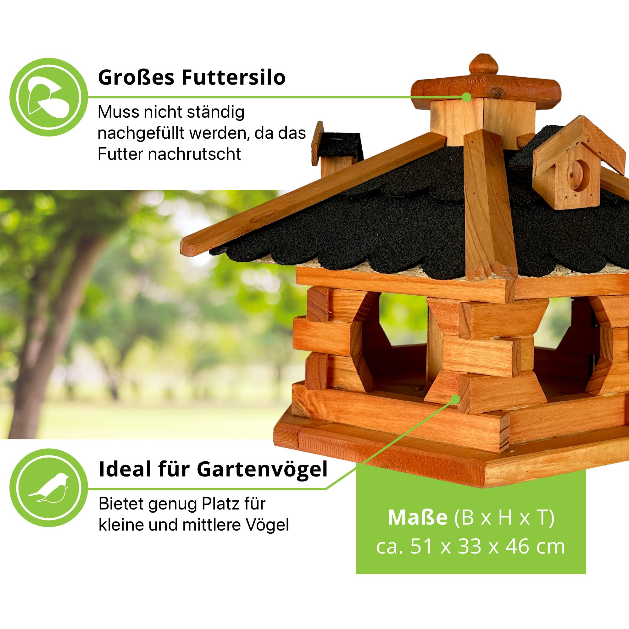 gartenetage Vogelhaus Futterhaus für Vögel mit Bitumendach - Hochwertige Materialien, Perfekter Schutz - Stilvolles Design für Garten und Balkon
