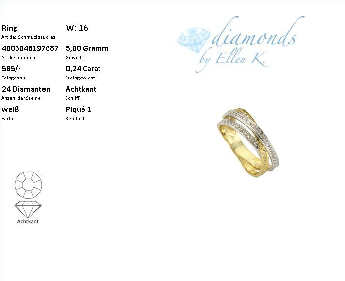 Damen Schmuck Diamonds by Ellen K. Ring 585/- Gold Diamant 0,24ct.