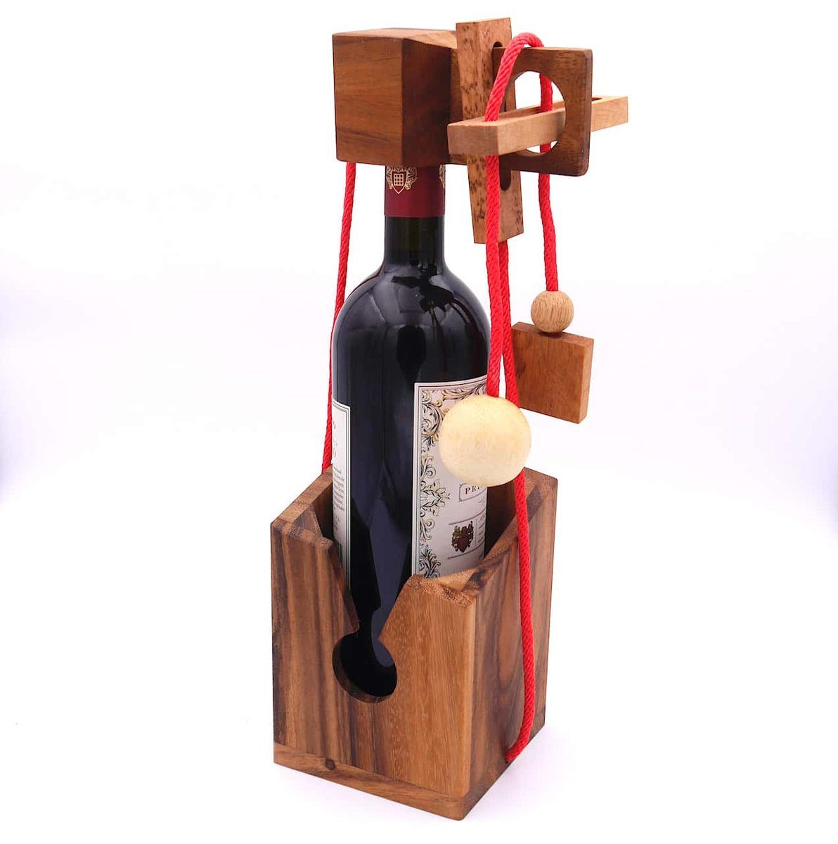 ROMBOL Denkspiele Spiel, Geschenkverpackung Flaschentresor – Edles Denkspiel aus Holz für große Flaschen, wiederverwendbar dunkles Holz, rotes Band