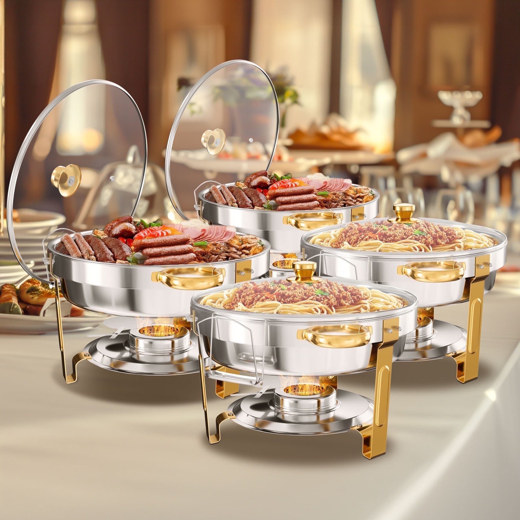 Warmounts Speisenwärmer, (4-tlg), Chafing Dish Speisenwärmer Set, rund, Edelstahl, Buffet Warmhalte-Set