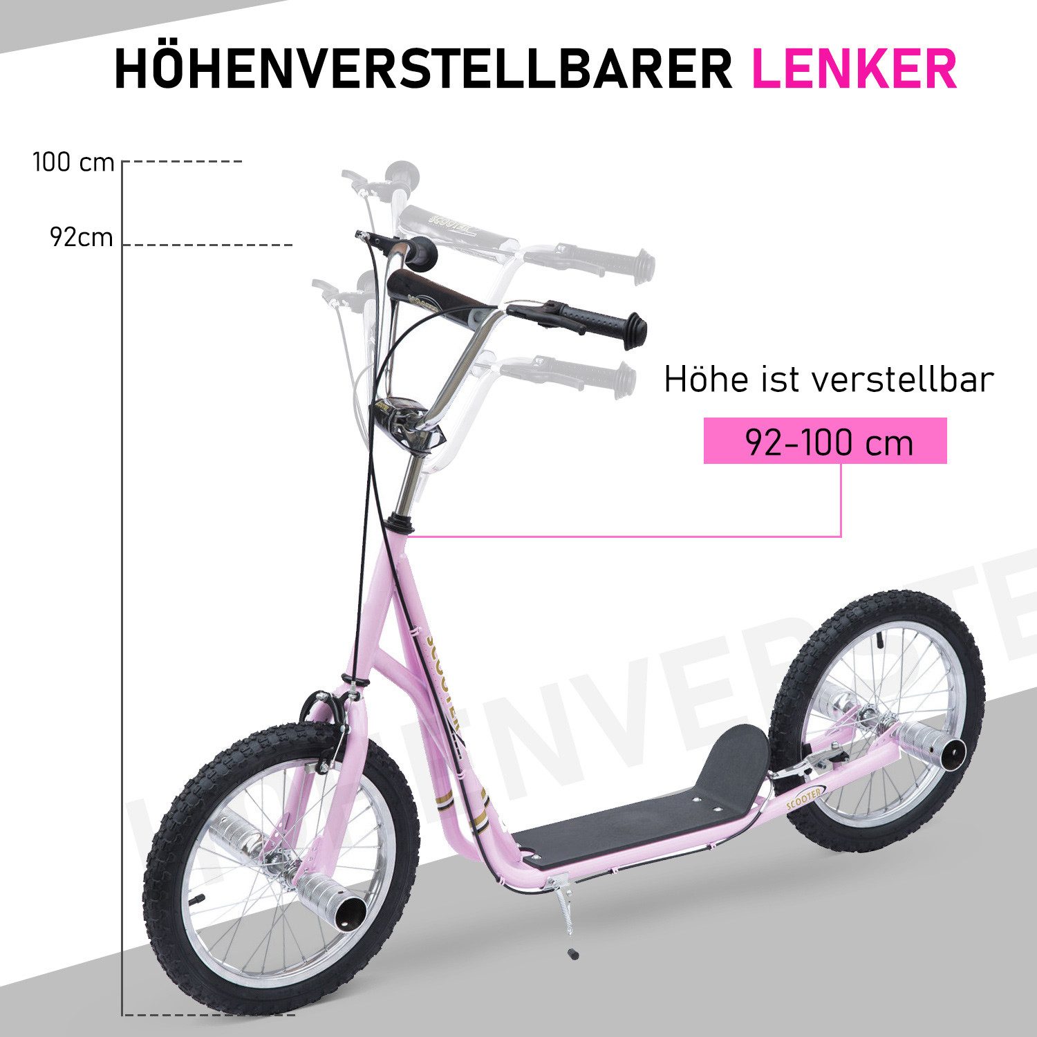 HOMCOM Cityroller Kinderroller Scooter mit verstellbarem Lenker, großen Rädern, 0 km/h, (Kickscooter, 1 tlg., Kinderroller), für Garten, Rosa – Bild 4 von 5