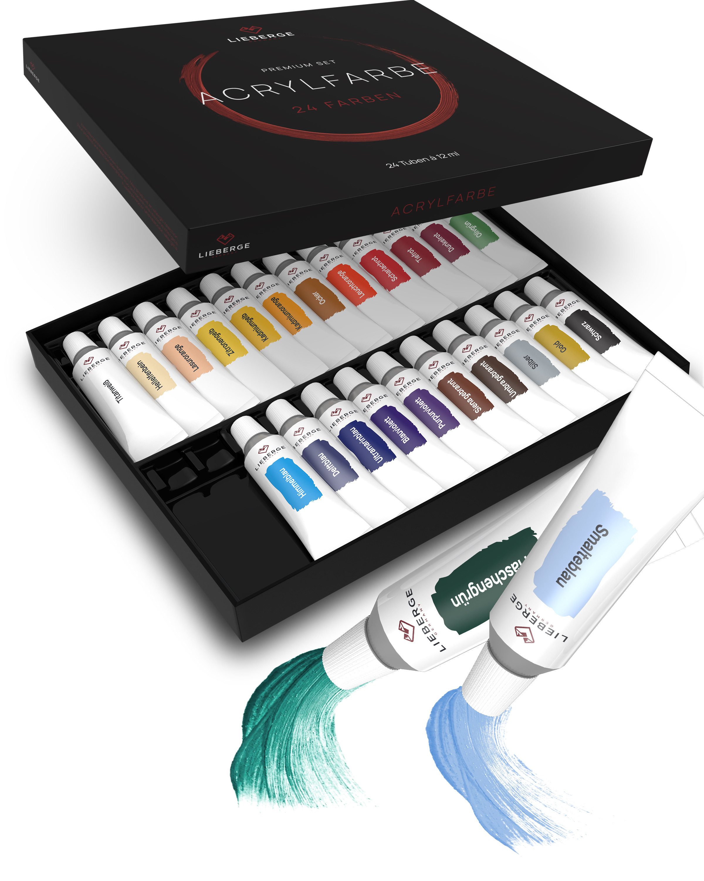 LIEBERGE Acrylfarbe Premium Set – 24 intensive Farben à 12ml mit hoher Deckkraft, hohe Farbbrillianz, lichtbeständig, wasserbasiert, schnelltrocknend