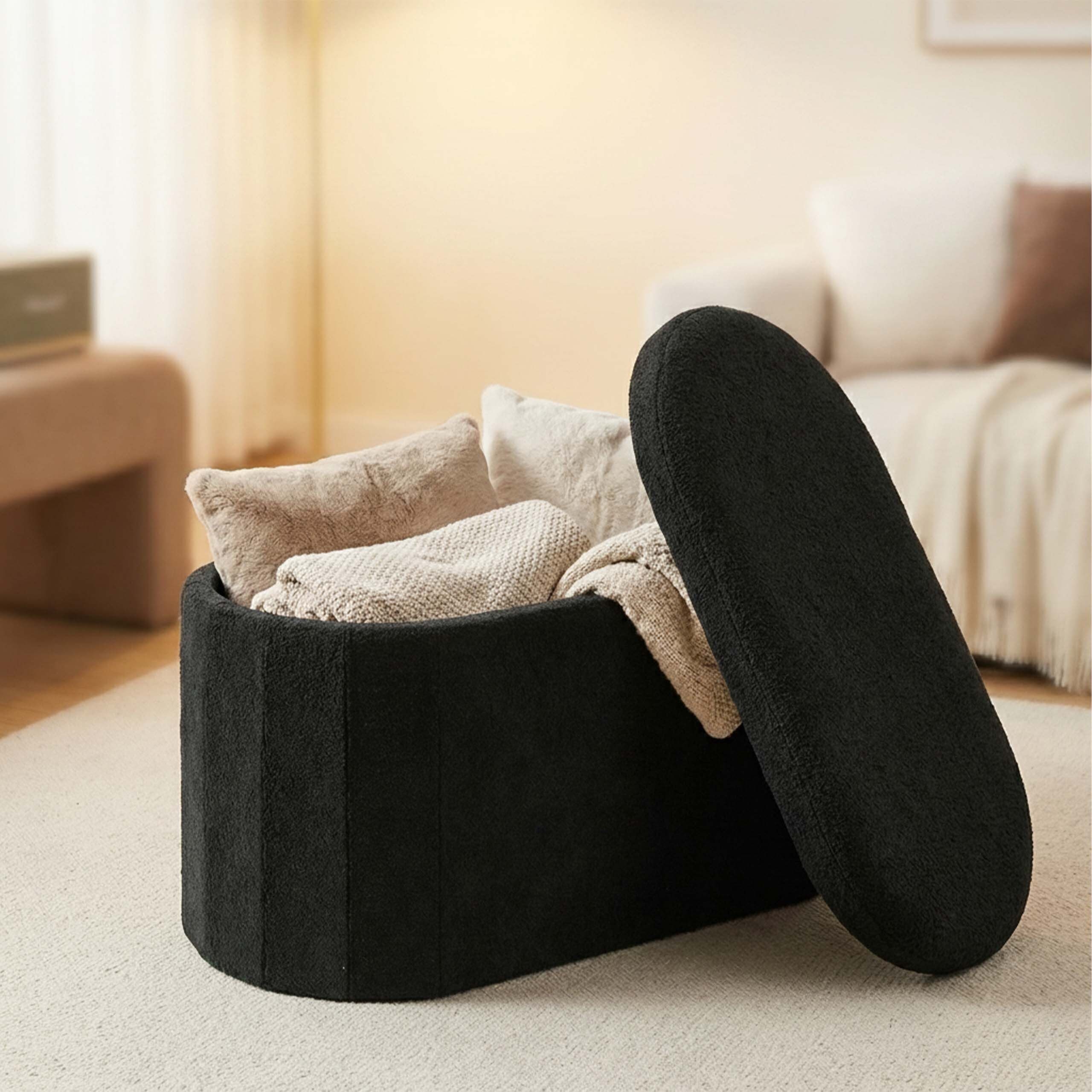 relaxdays Sitztruhe Sitzbank aus Teddystoff (1-St), schwarz – Bild 5 von 5