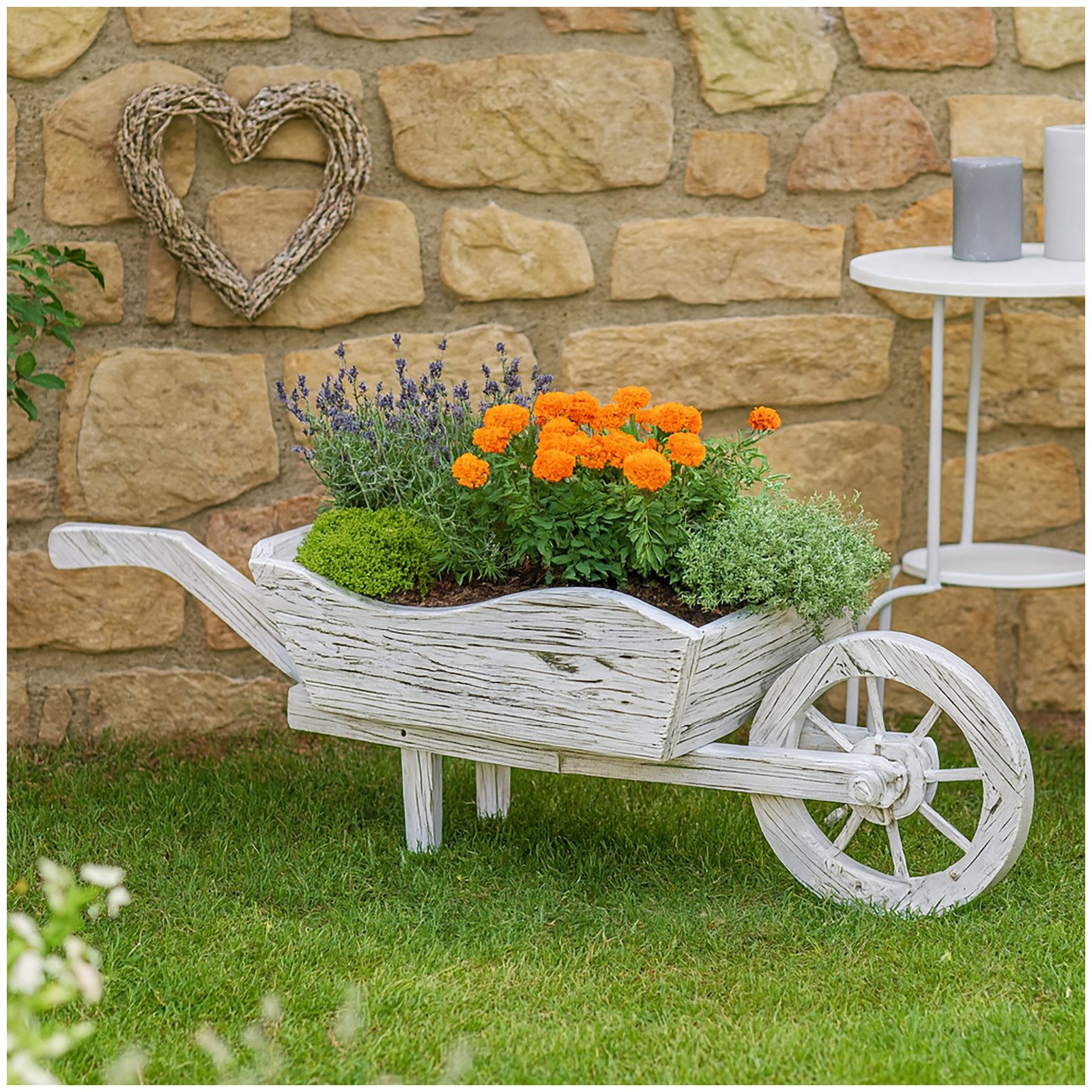 Gartenfigur Holzschubkarre Weiß Rustikal Sommerset