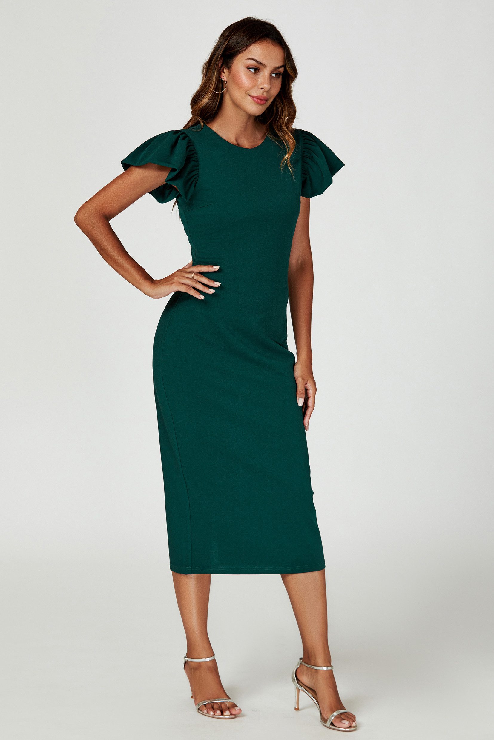 FS Collection Midikleid Damen Bardot-Midikleid figurbetont mit voluminösen Ärmeln Dunkelgrün (S (EU:38 / UK:10) · M (EU:40 / UK:12) · L (EU:42 / UK:14) · XL (EU:44 / UK:16), Dungelgrün) 95 % Polyester und 5 % Elastan