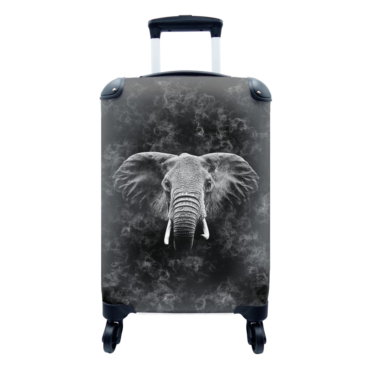 MuchoWow Handgepäckkoffer Elefant zwischen Rauchwolken - schwarz und weiß, 4 Rollen, Reisetasche mit rollen, Handgepäck für Ferien, Trolley, Reisekoffer