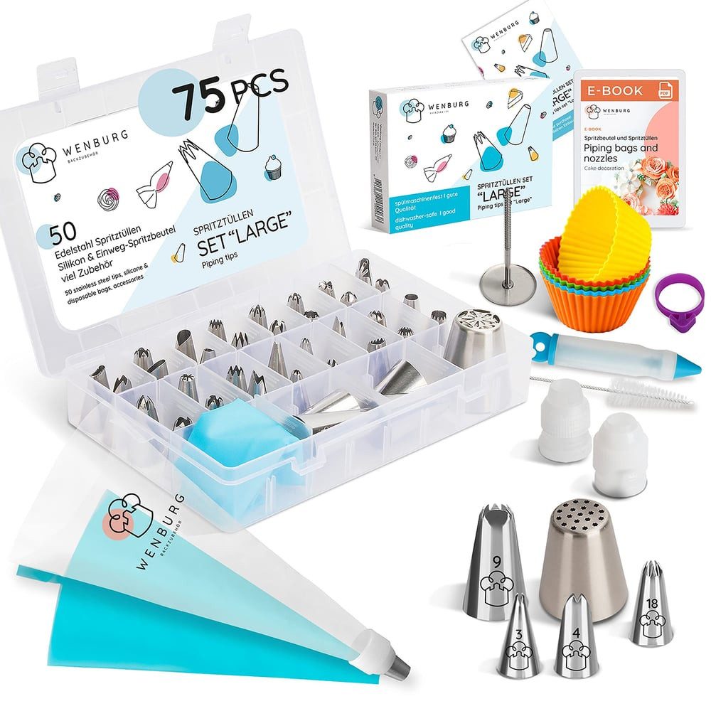 Wenburg Spritzbeutel Spritzbeutel-Set 10-tlg. Backdekor rostfreies Edelstahl Torten Kuchen Muffins Cupcakes Kupplungen Spritztüllen Sahne Creme