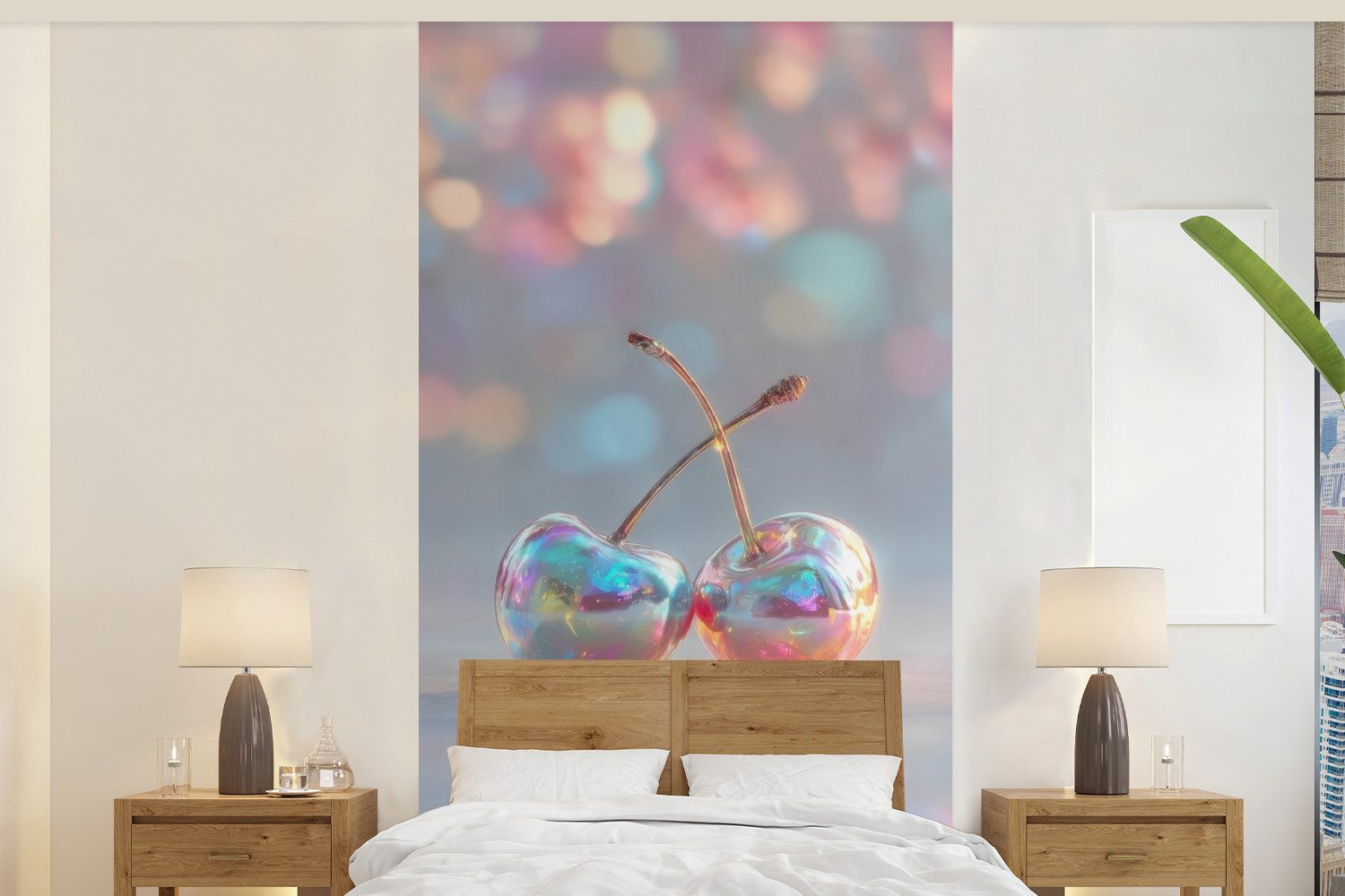 MuchoWow Fototapete Kirsche - Glänzend - Regenbogenfarbe, Matt, bedruckt, Vliestapete für Wohnzimmer Schlafzimmer Küche, Fototapete, 120x240 cm